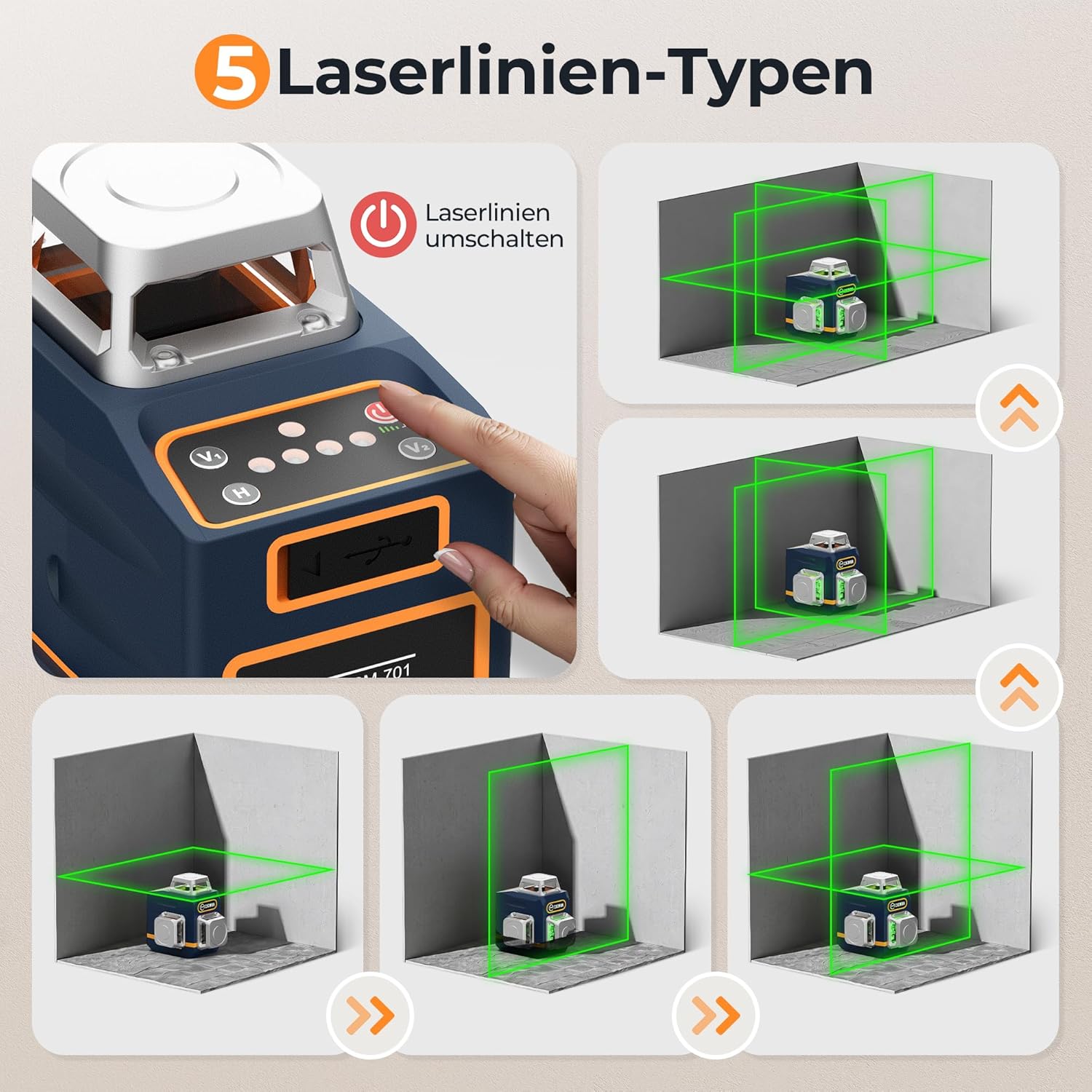 Thumbnail 2 de CIGMAN Kreuzlinienlaser CM-701 (3x360° Grün) mit Selbstnivellierung, Fernbedienung und USB-Laden