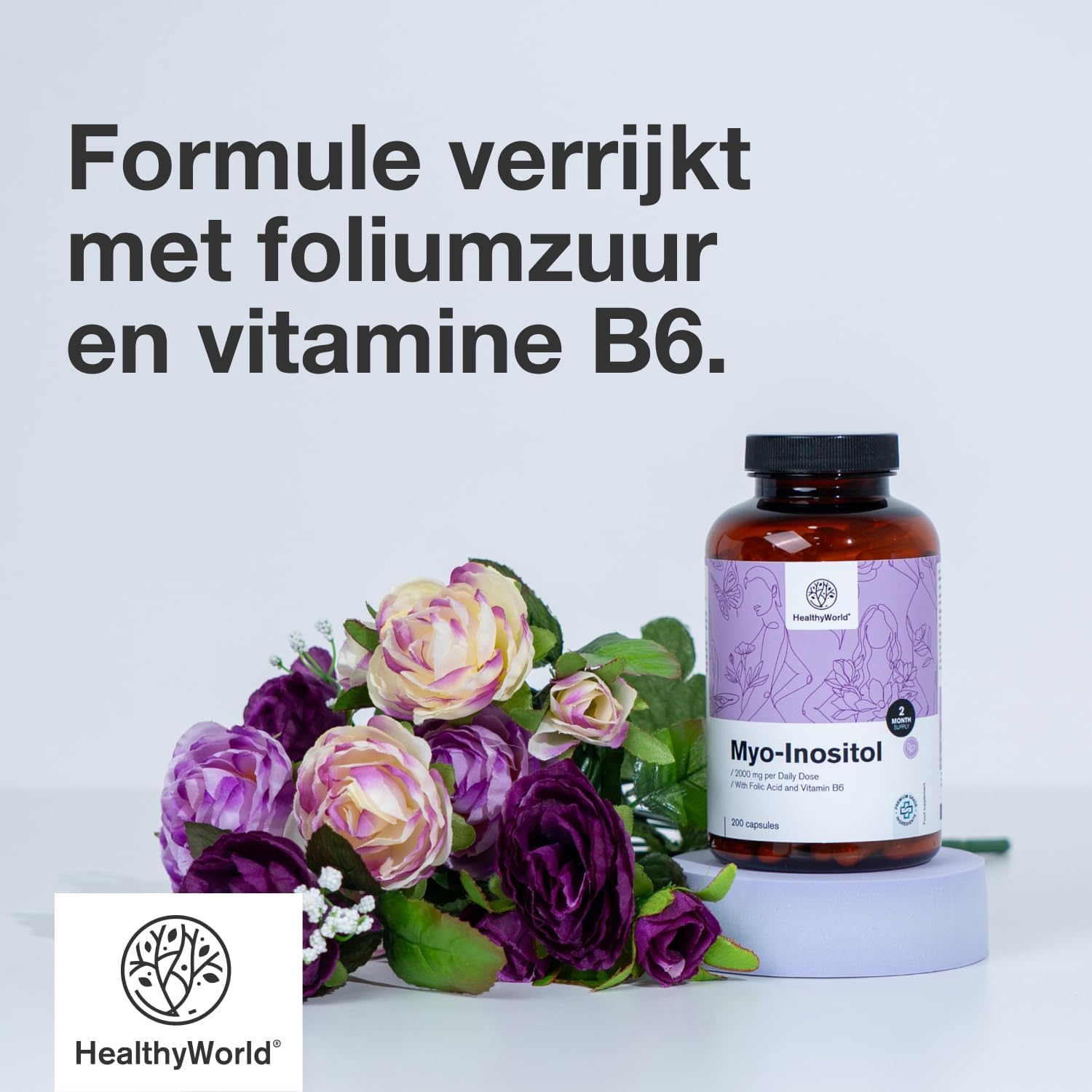 Detalle de HealthyWorld Myo-Inositol 2000 mg capsules met foliumzuur, B8 en B6