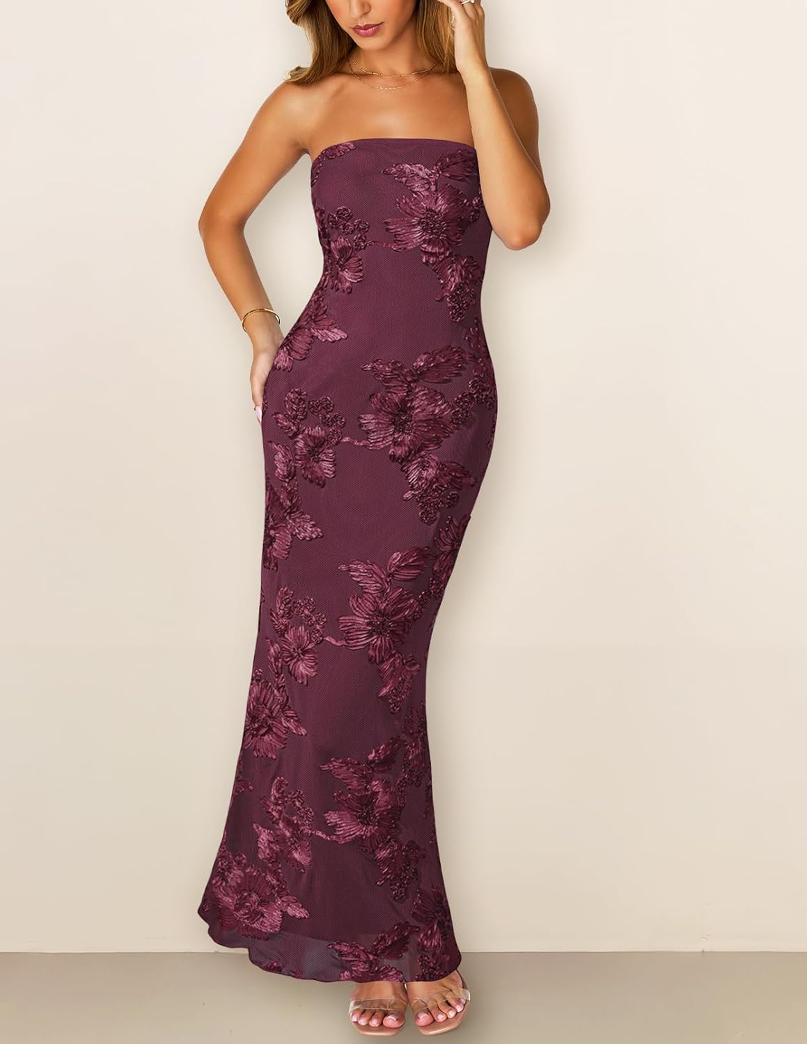 Thumbnail 2 de MEROKEETY Women’s Floral Strapless Maxi Dress (3D Print) — Backless Bodycon Wedding Guest & Formal Wear