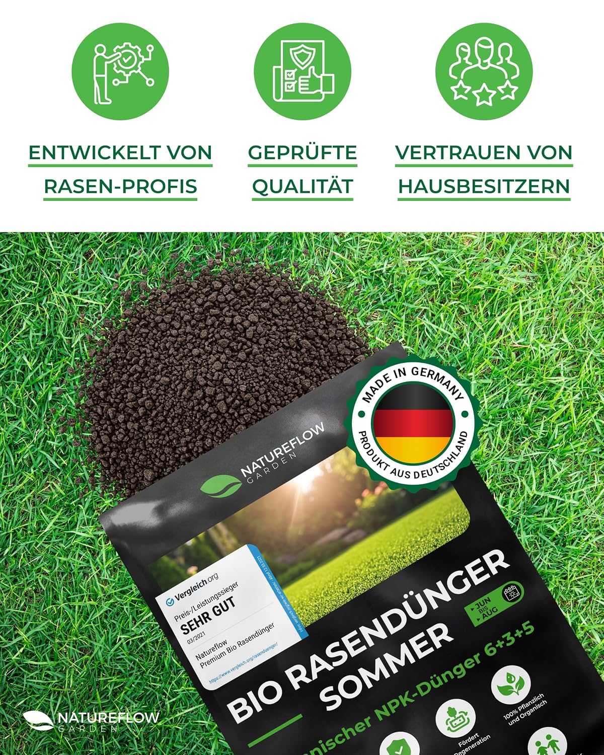 Thumbnail 6 de Bio Rasendünger Sommer TESTSIEGER Made in Germany – 17,5 kg für 700 qm | Natureflow Garden