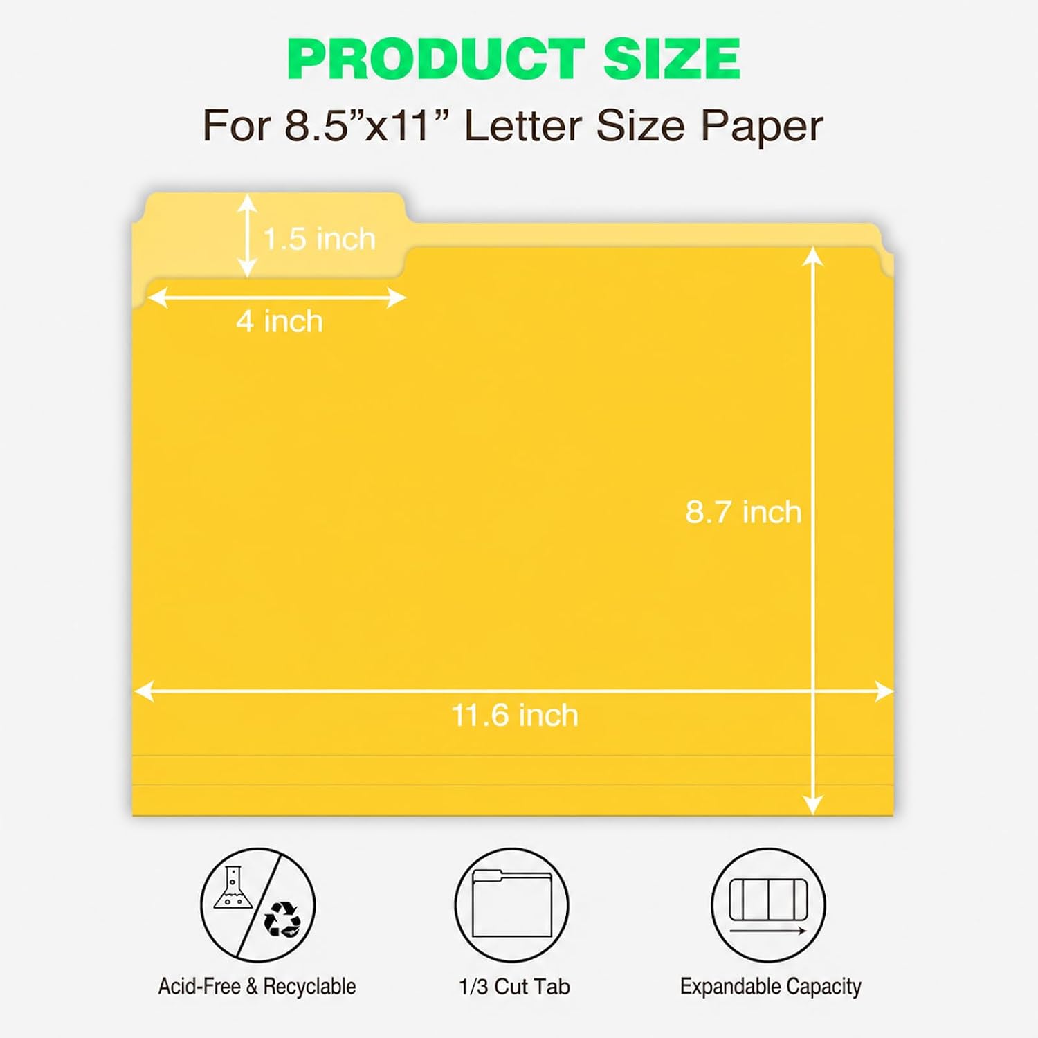 Detalle de WritePads Manila Folder-0112 Manila File Folders, Letter Size, Yellow, 1/3-Cut Tabs, 100-Pack