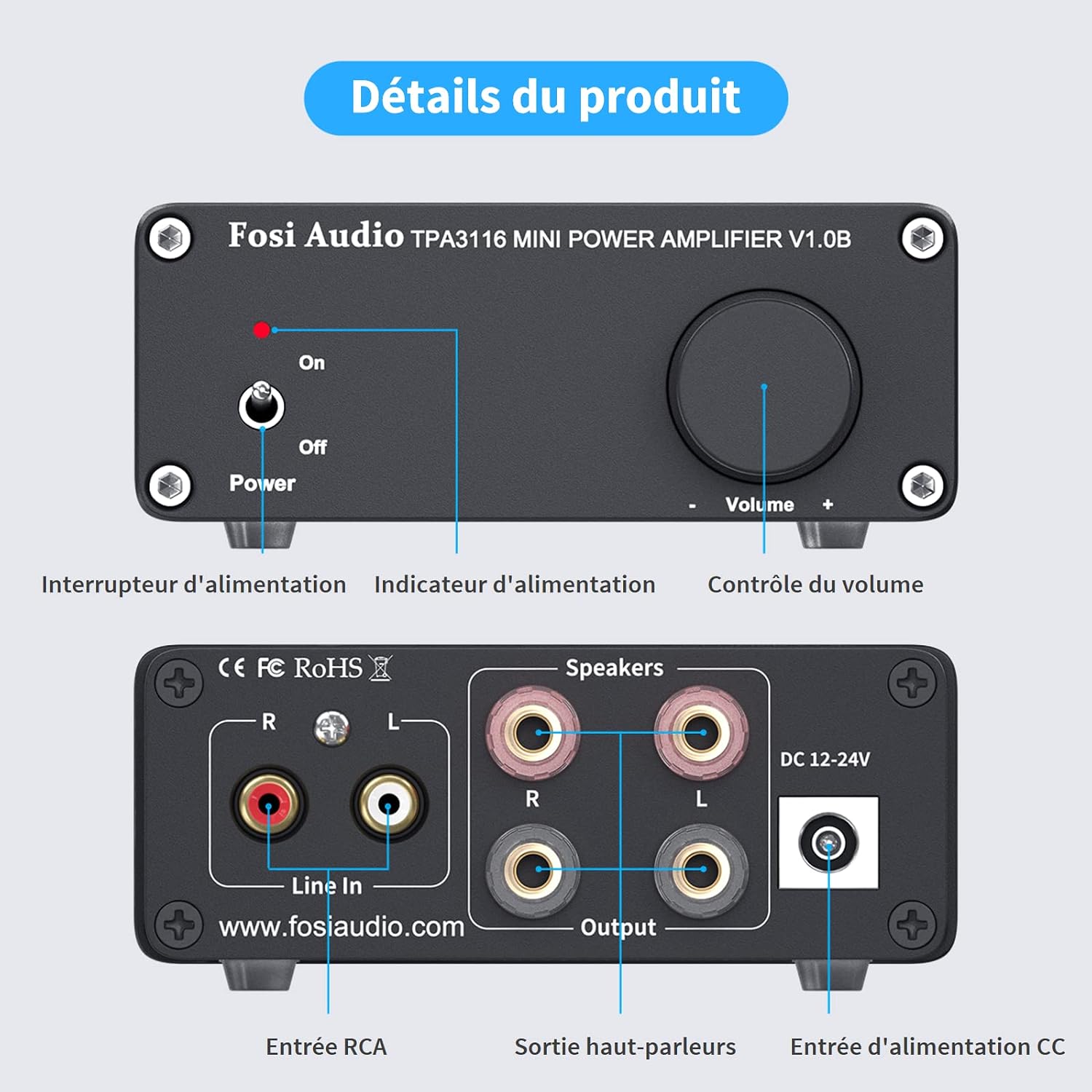 Detalle 2 de Fosi Audio V1.0B ampli Hi-Fi classe D 50 W x 2