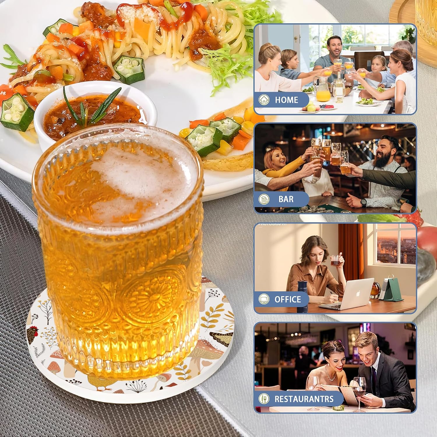 Thumbnail 6 de Farm Animals Hens & Plants Coasters – 6-Pack Ceramic Drink Mats with Cork Base and Metal Holder