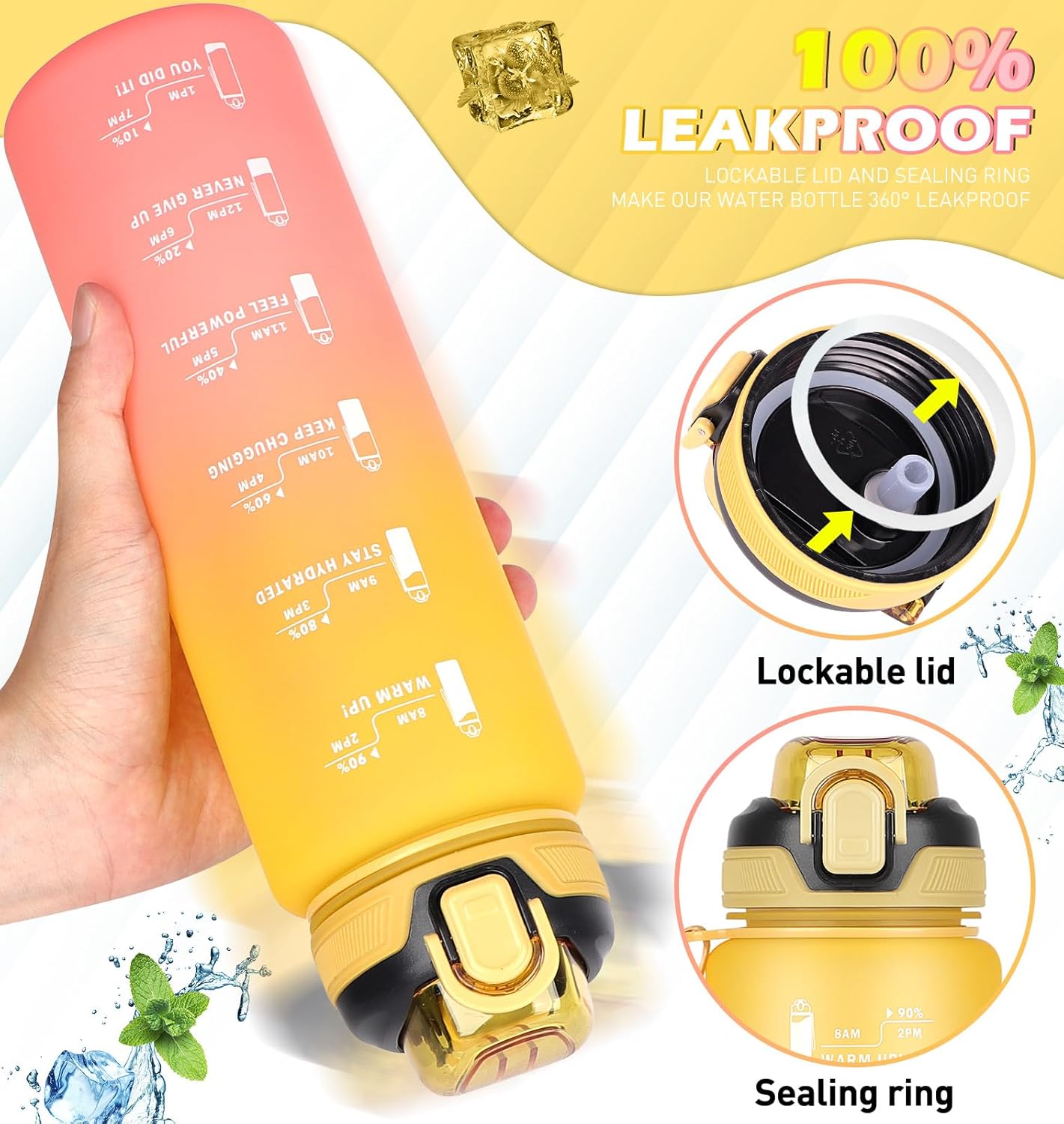 Thumbnail 3 de CodiCile 1L Water Bottle with Straw (leak-proof, dishwasher safe) – time markings & bottle brush, Yellow Pink