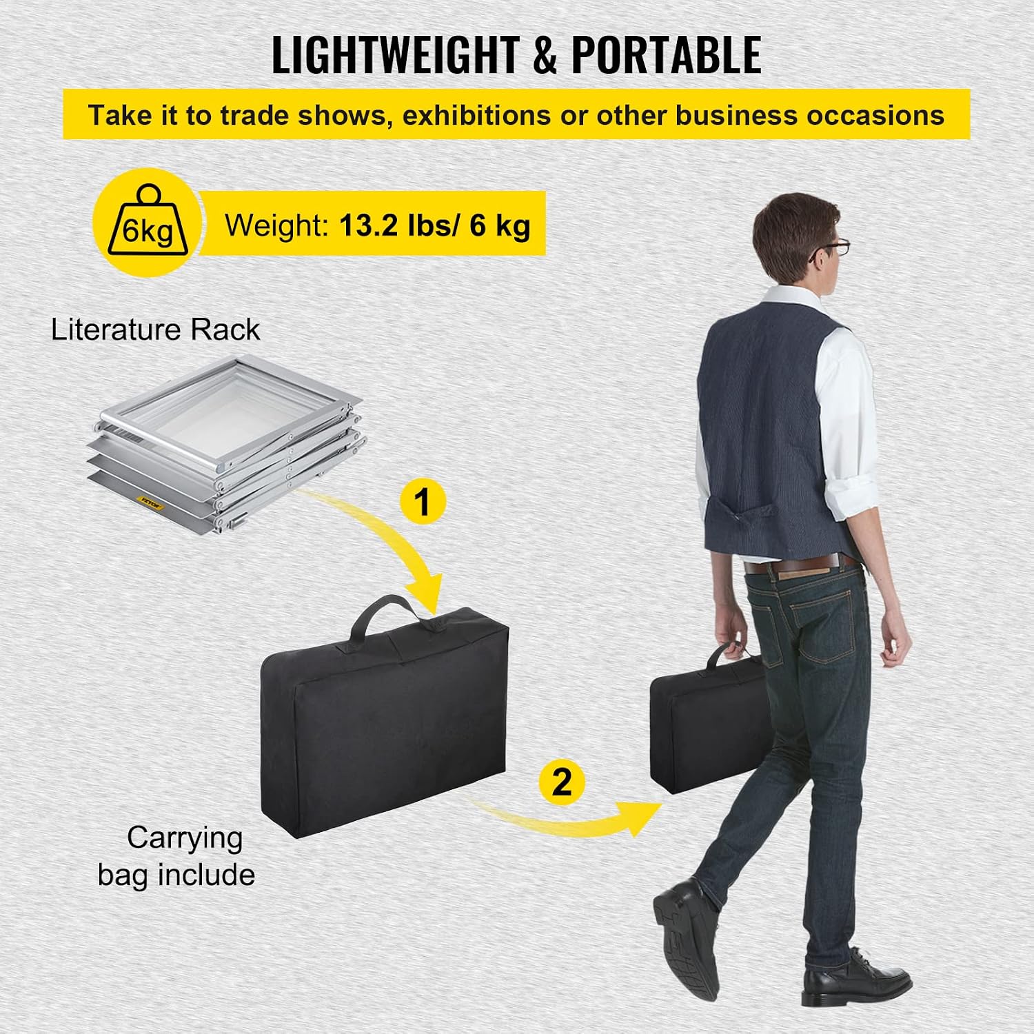 Detalle de VEVOR Espositore Pieghevole per Brochure: 6 Tasche, doppia faccia, in lega di alluminio, portatile 26x36x152 cm con borsa Oxford