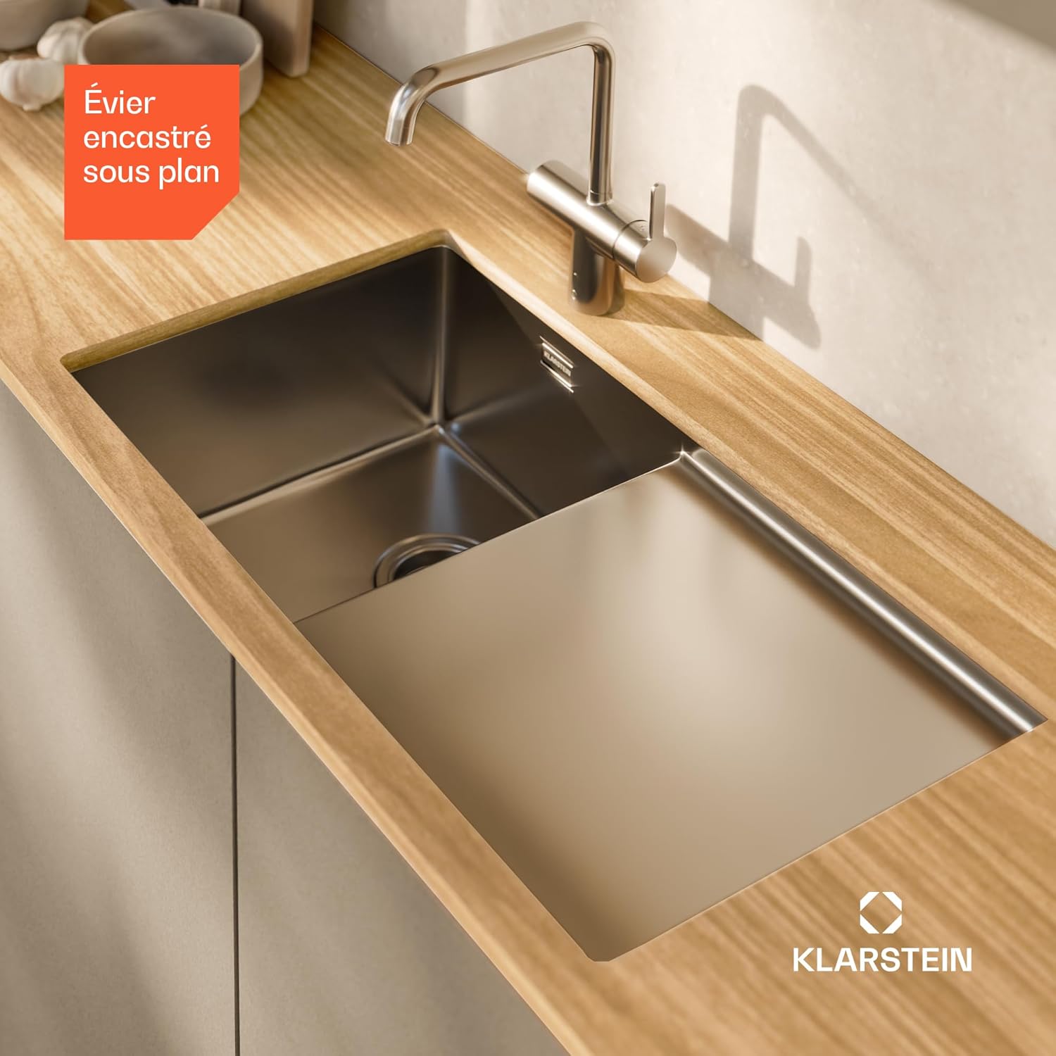 Detalle de Klarstein évier de cuisine 1 bac avec égouttoir en acier inox 304 – 79x44 cm, design élégant et pratique