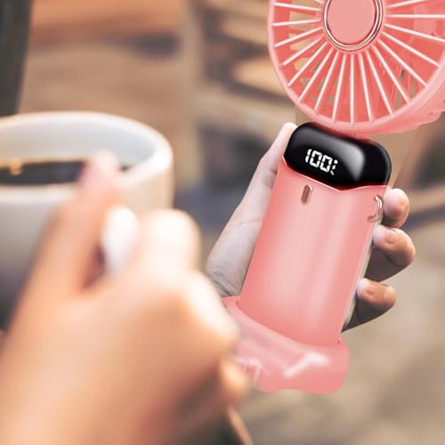 Detalle 2 de Jsdoin Ventilador de mano portátil 5 velocidades: plegable, recargable USB y con pantalla LED (rosa)