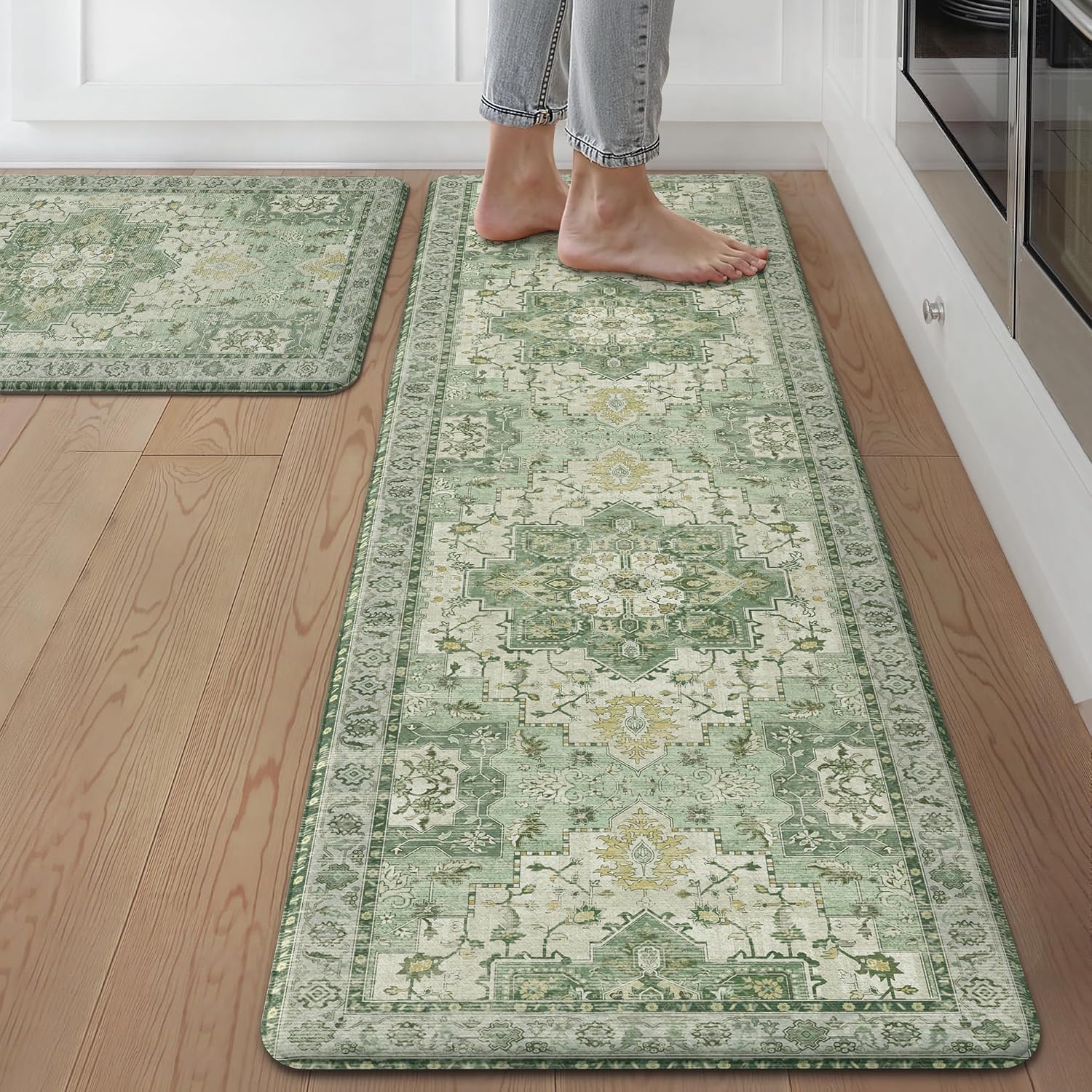 Detalle de GENIMO Anti Fatigue Kitchen Mats for Floor 2PCS — Cushioned 17.3" x 59" & 17.3" x 30", Light Green Vintage Boho Set