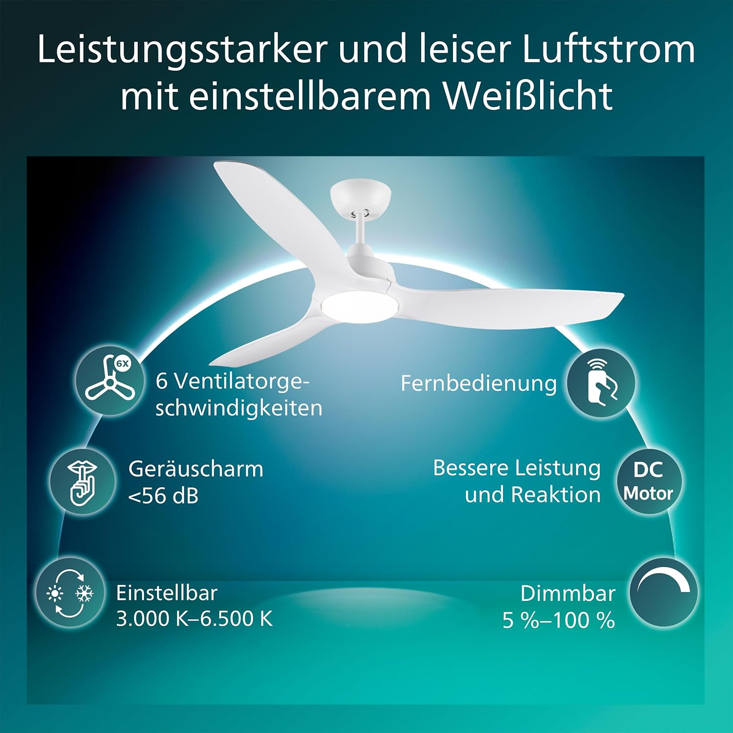 Thumbnail 1 de Philips Deckenventilator mit Fix-Flügeln und LED-Beleuchtung – 132 cm, 3 Flügel, 2650 Lumen, dimmbares Weißlicht 3000–6500 K