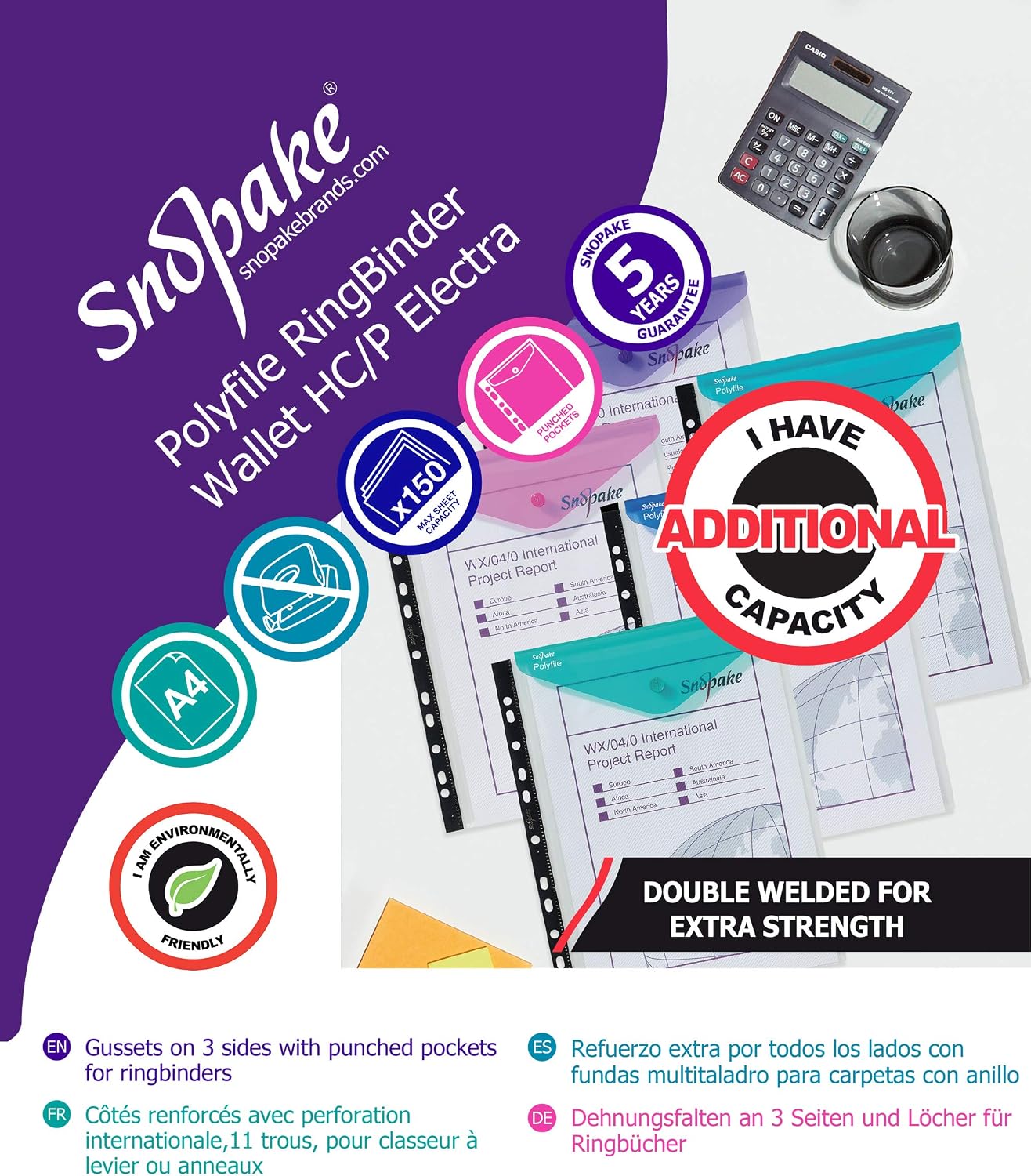 Detalle de Snopake A4 High Capacity Polyfile RingBinder Popper Wallet – Clear with Electra Flap, Pack of 5 (Ref: 15695)