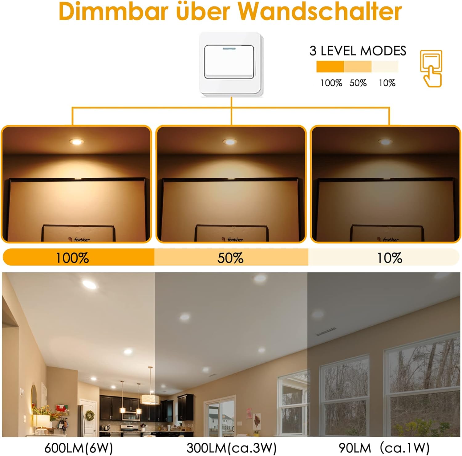 Thumbnail 2 de LED Einbaustrahler 3-Stufen Dimmbar Ultra Flach 6W, 3000K Warmweiß, 6er Set – IP54, 30° Schwenkbar