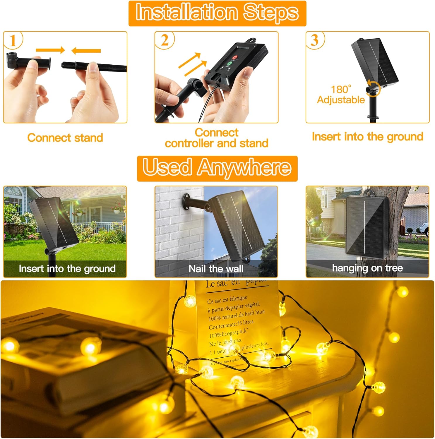 Thumbnail 5 de Ollny Solar Lights Outdoor Garden 12m 100 LED Crystal Ball Fairy Lights (Warm White) – IP65/IP44, 8 Modes