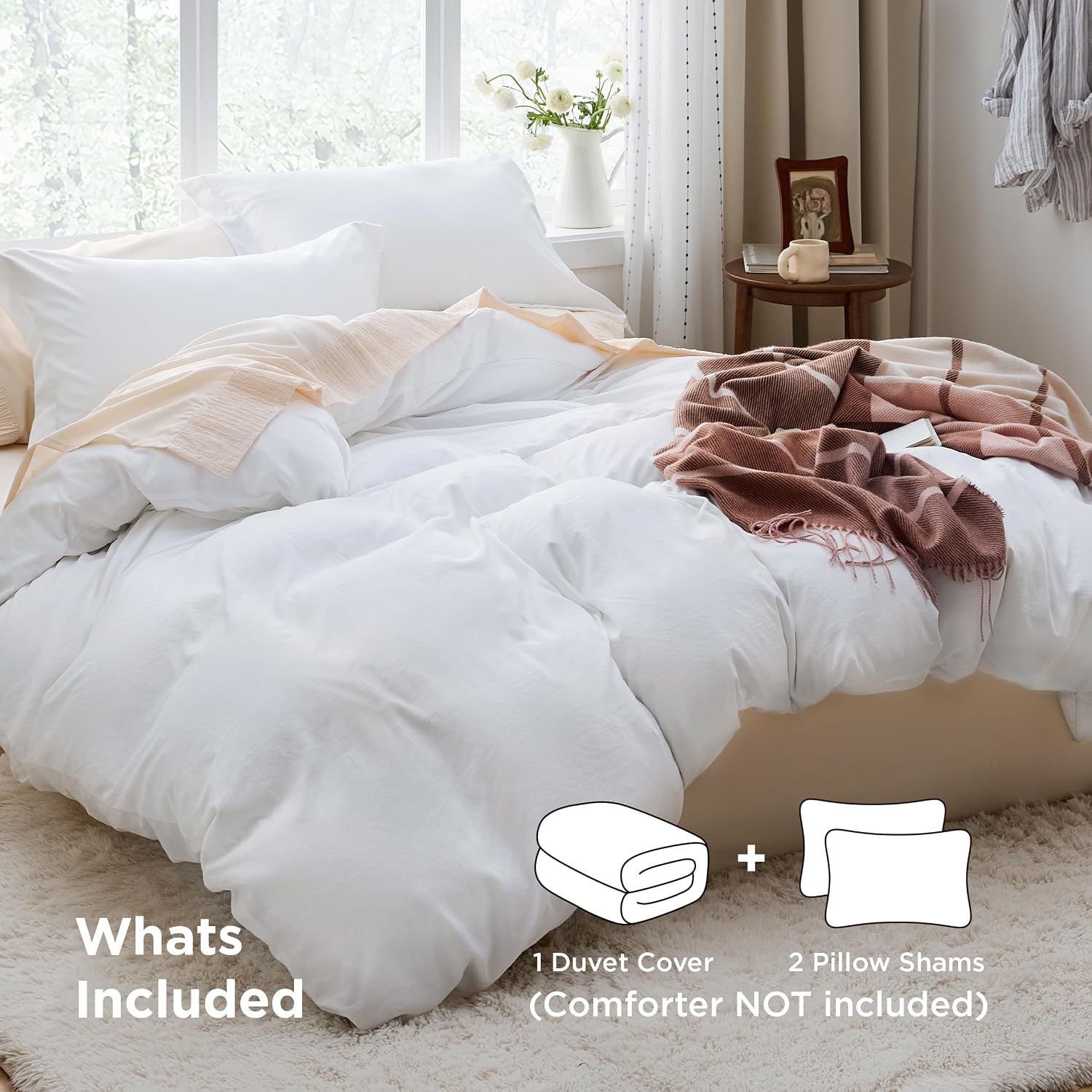 Detalle de Bedsure CAA9B1AW1QU Queen Duvet Cover Set, White Polyester, Zipper Closure