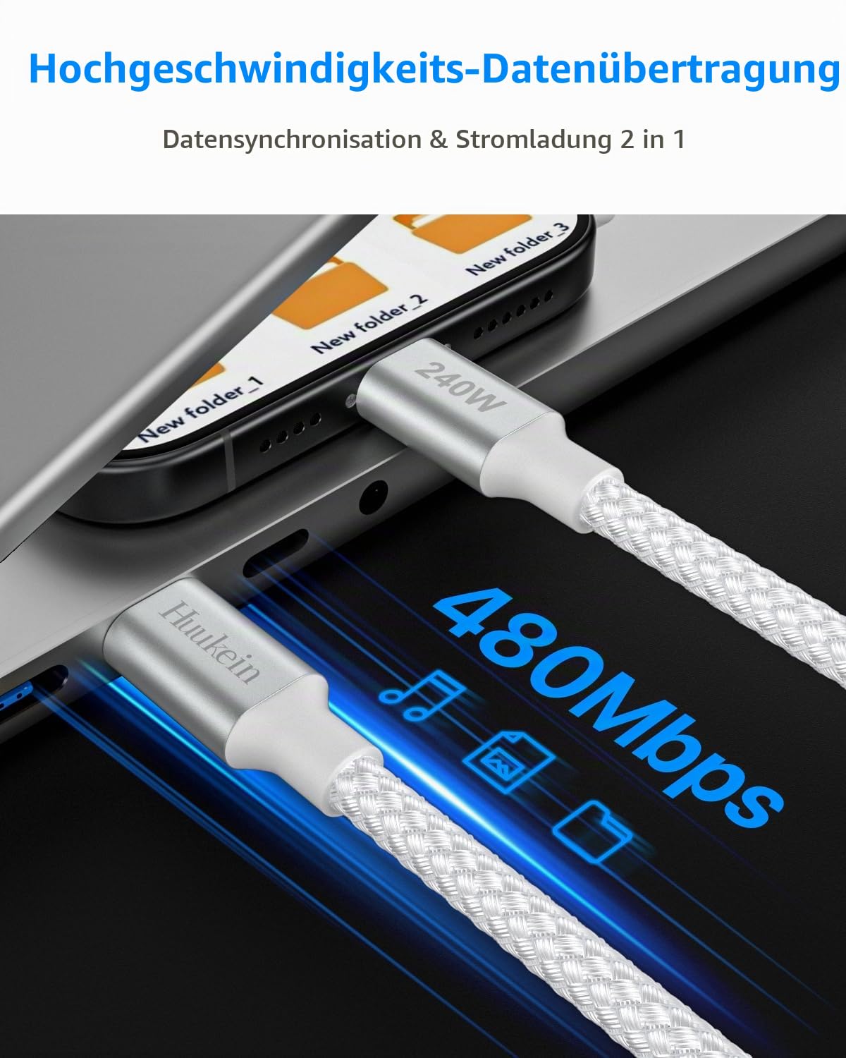 Thumbnail 6 de 240W USB C auf USB C Kabel 1,5 m – PD3.1 Schnellladekabel, hochwertig, Weiß