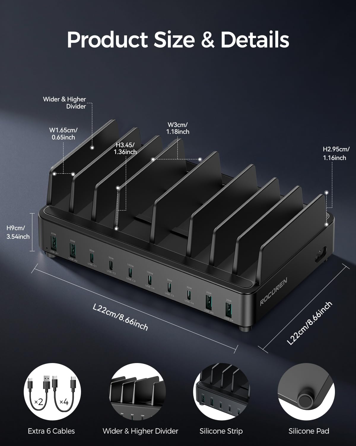 Thumbnail 4 de Rocoren 400W 10-Port USB Charging Station (GaN PD 100W, 6× USB-C + 4× USB-A) for MacBook, iPad and more