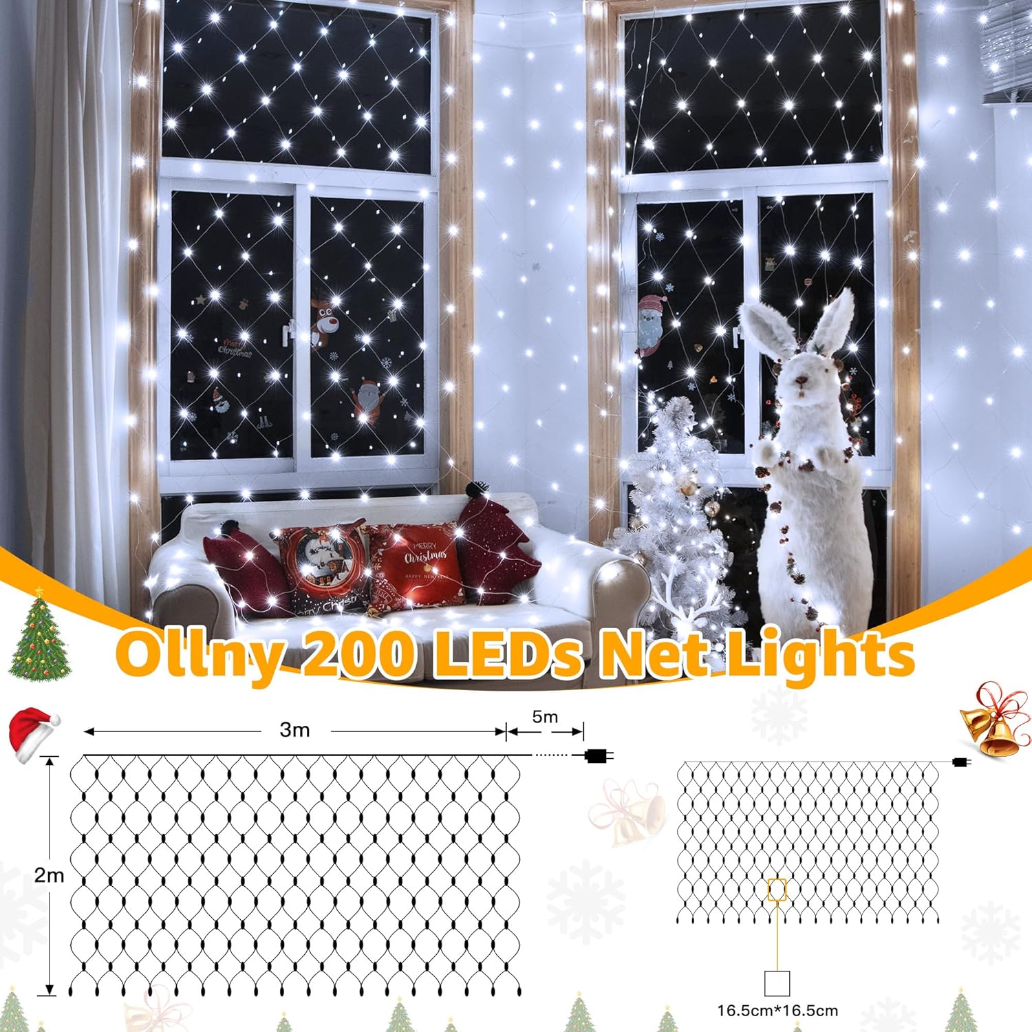 Detalle 2 de Ollny Net Lights Outdoor Indoor: 200 LED Mesh Fairy Lights for All‑Weather Decoration