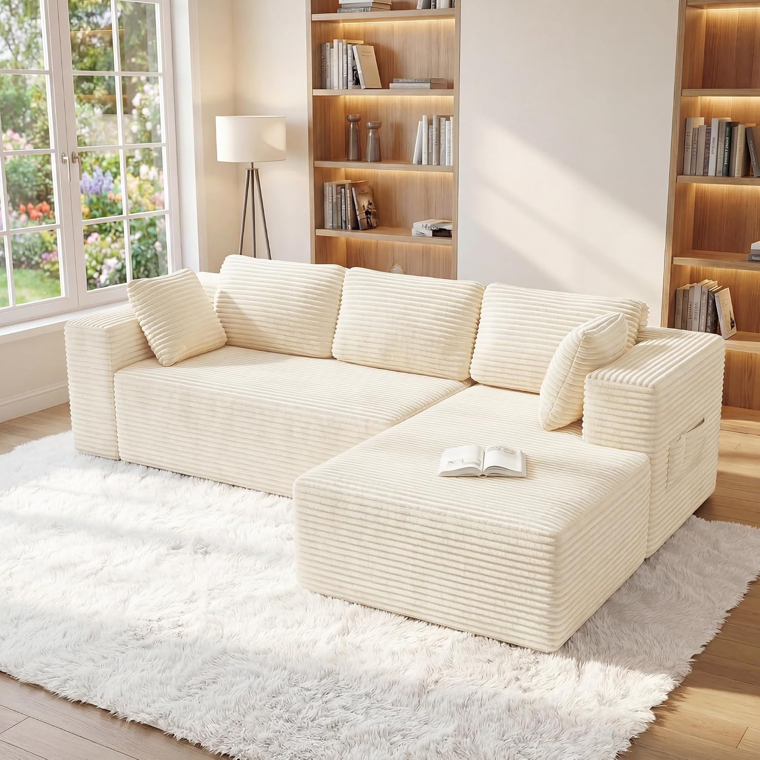 Detalle de Xbro AR35 hoekzetel, 3-zits in L-vorm met chaise longue rechts, beige ribstof