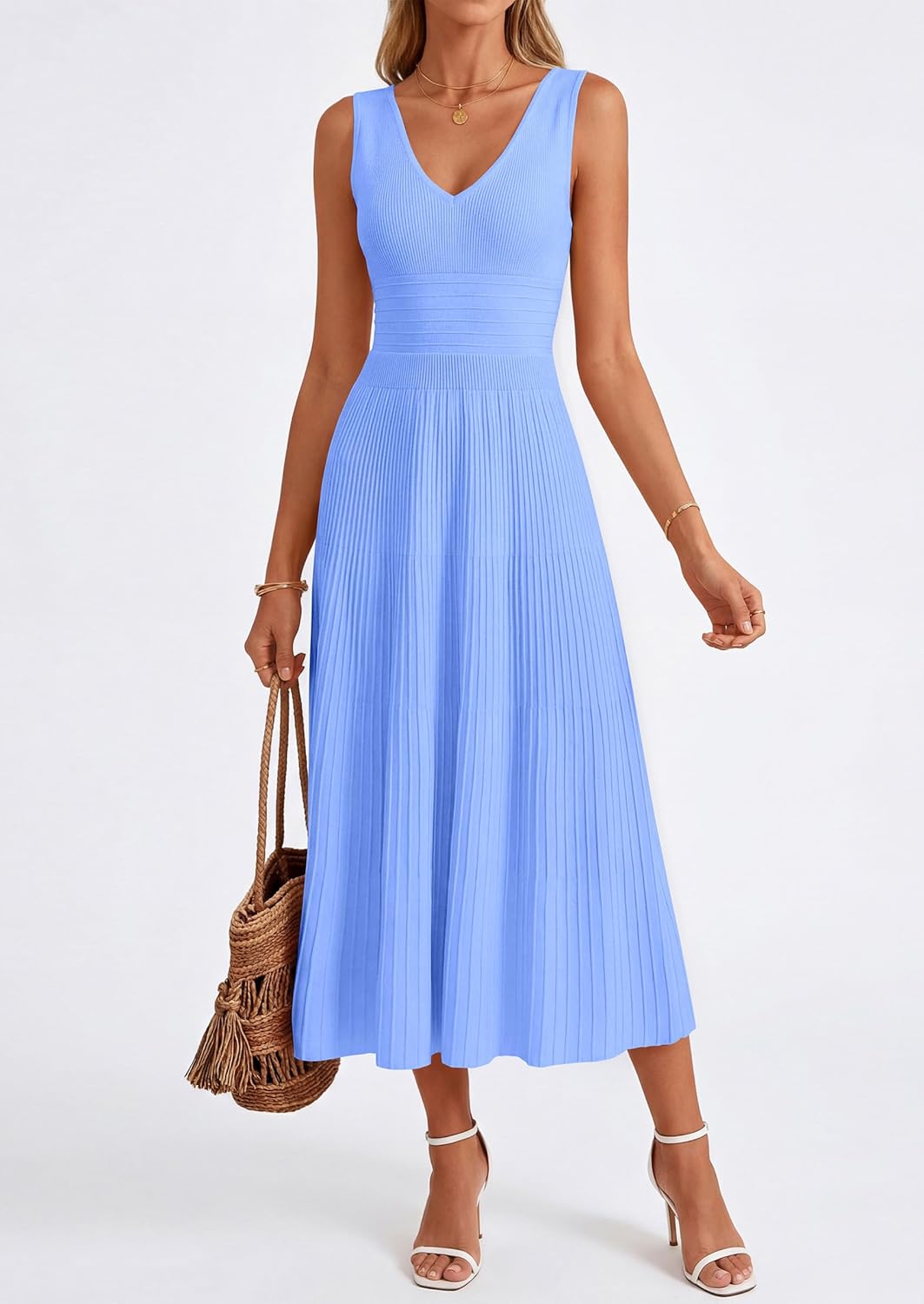 Thumbnail 6 de PRETTYGARDEN Summer Dresses for Women 2026: Pleated Midi V-Neck Sleeveless Dress