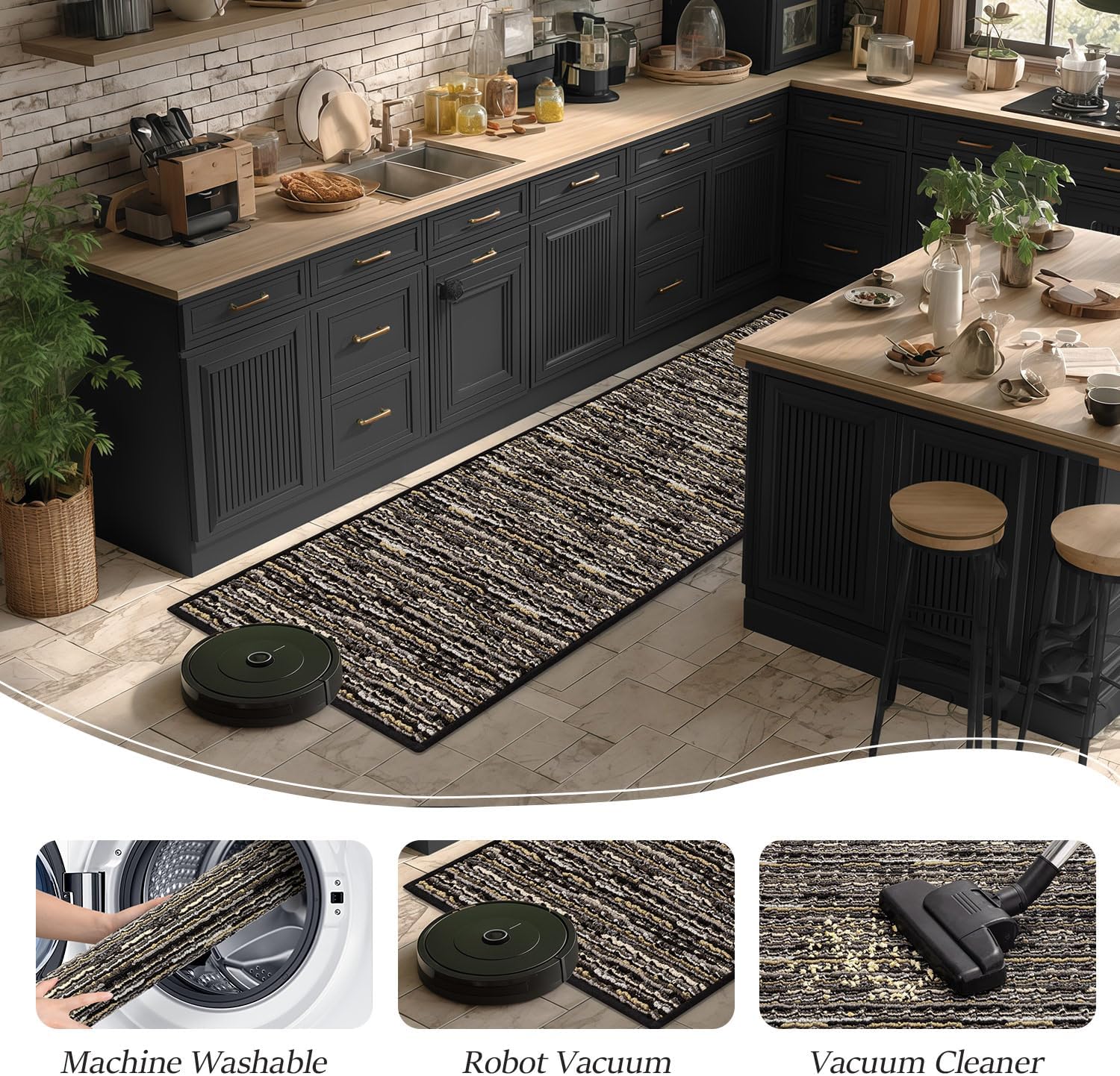 Thumbnail 5 de Kitchen Rugs Set of 2: Non-Slip, Stain-Resistant Runner + Mat (Black, 20"x47" + 20"x32")