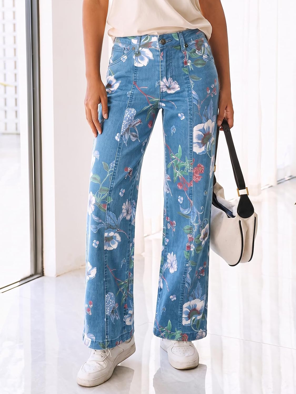 Detalle de Cicy Bell Women's High-Waisted Wide-Leg Stretch Jeans with Front Seam
