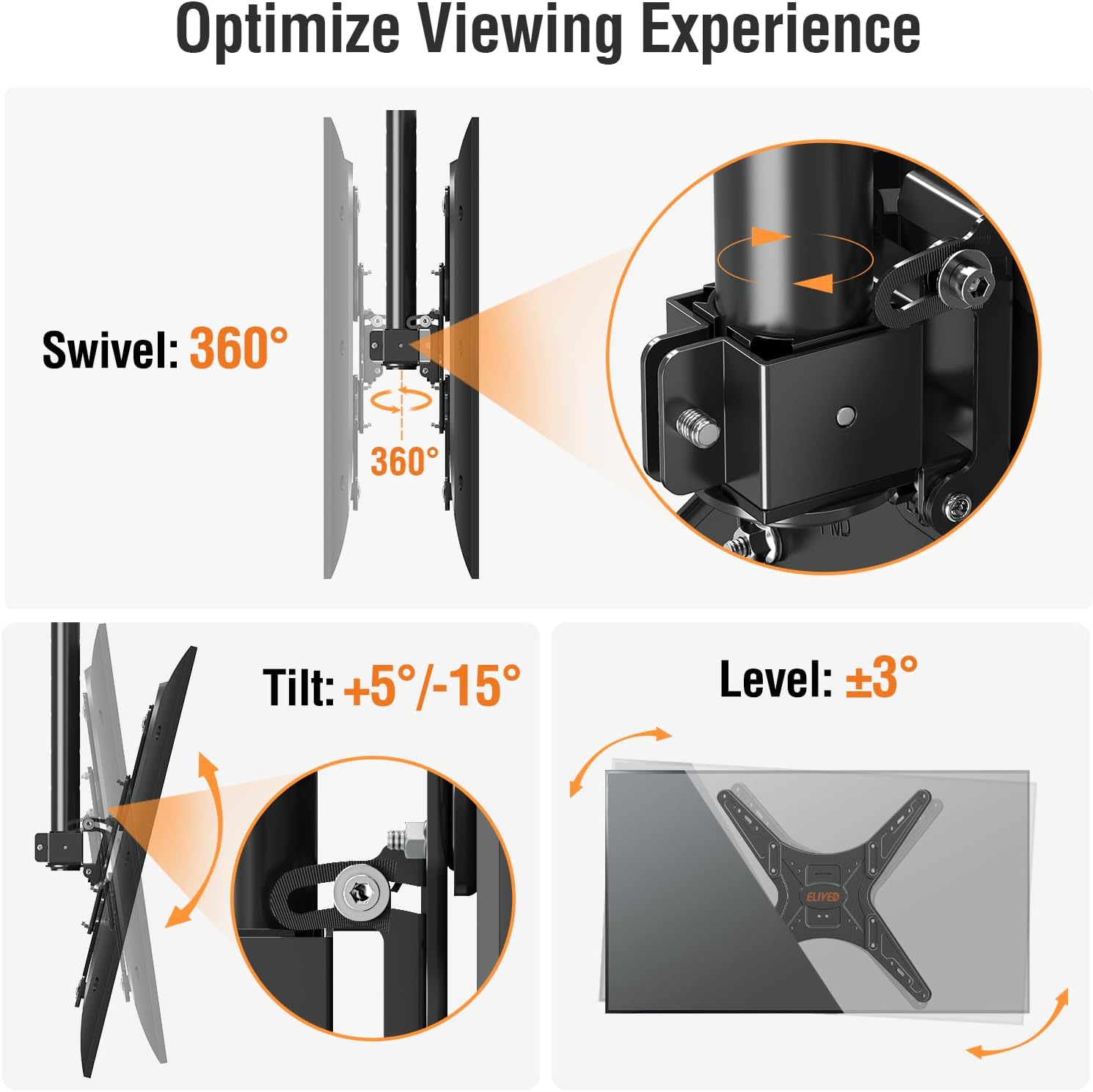 Detalle de ELIVED Outdoor Ceiling TV Mount for 26–65 Inch TVs: Weatherproof, 360° Swivel, and Height Adjustable