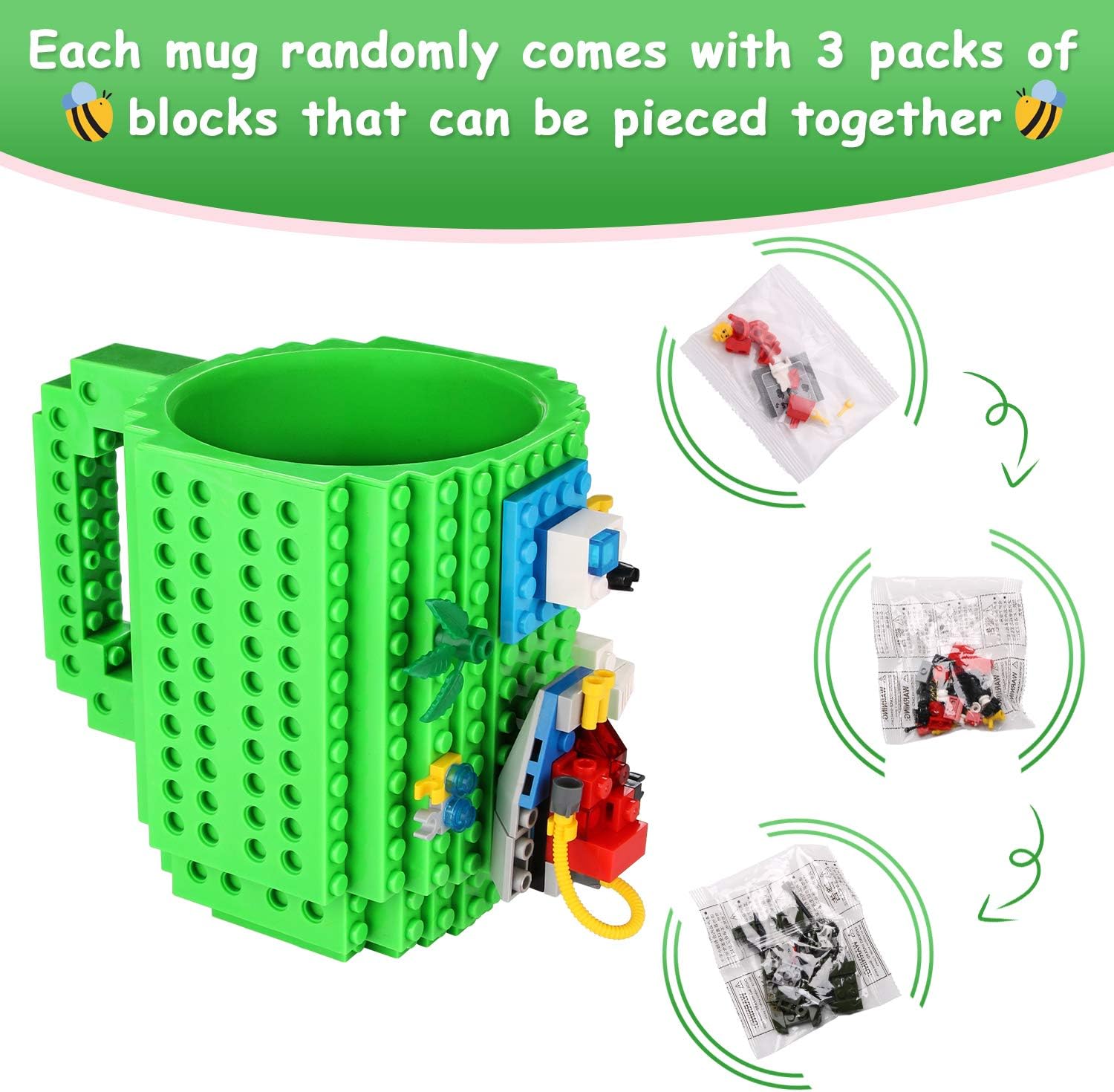 Detalle 2 de Sinnsally MKB771 Build-On Brick Coffee Mug, Green, 450 ml BPA-Free Plastic