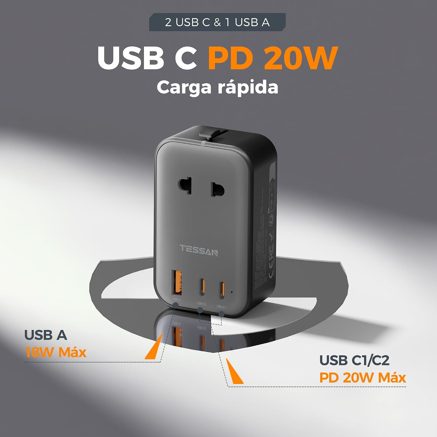 Detalle 2 de TESSAN adaptador de enchufe universal de viaje con 1 USB A y 2 USB-C (plano y compacto)