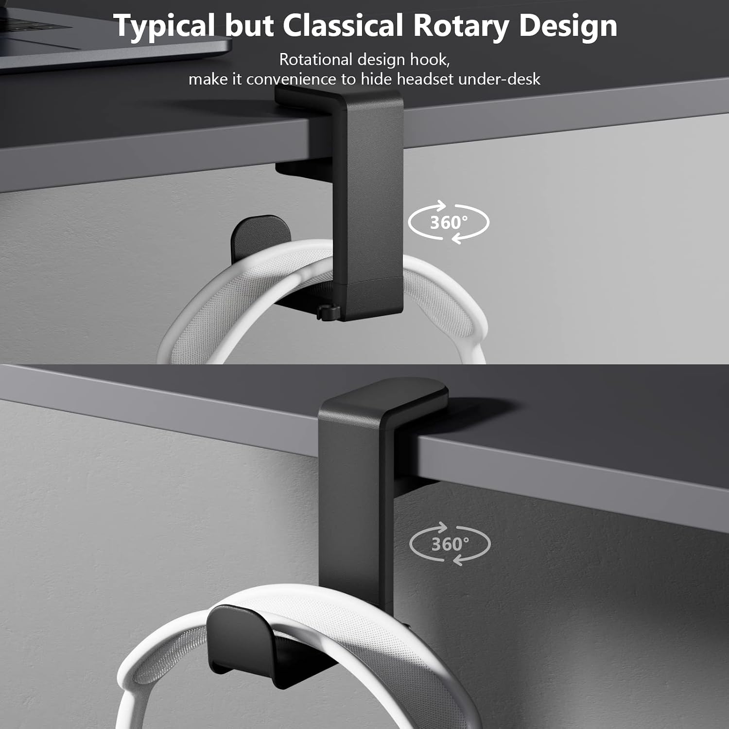 Detalle 2 de EURPMASK Rotating Clamp-On Headphone Stand (2 Pack) with 360° Swivel & Cable Clip Organizer