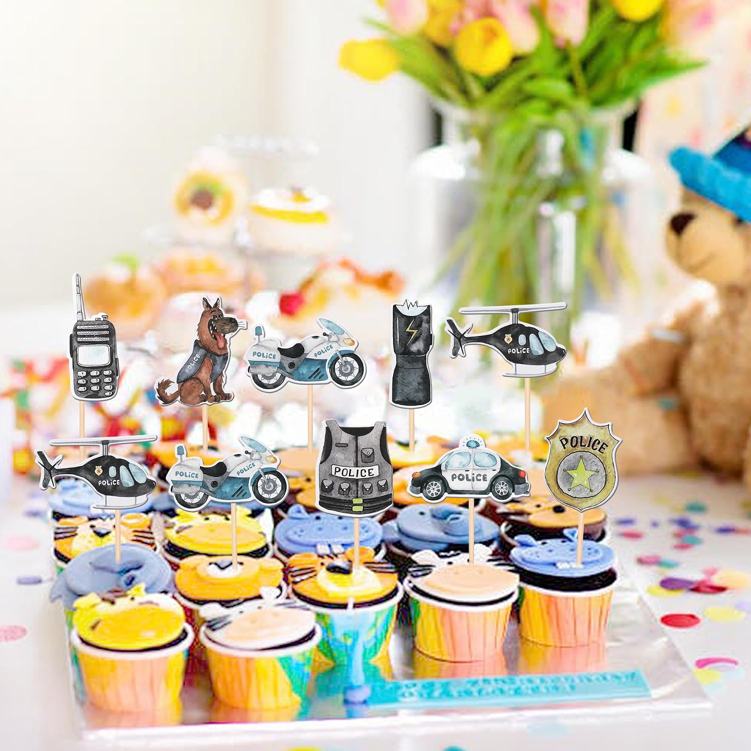 Detalle de Xsstarmi 40 Pack Police Cupcake Toppers – Police Car, Helicopter & K-9 Theme Decor