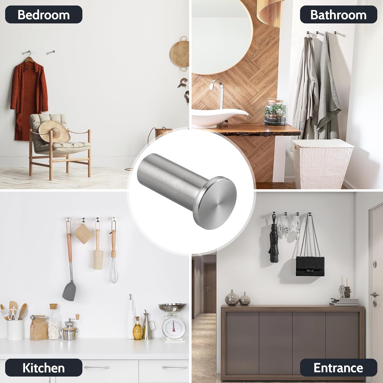 Detalle 2 de SAYAYO 4PCS Coat Hooks Wall Mounted SUS304 Stainless Steel – Brushed Nickel
