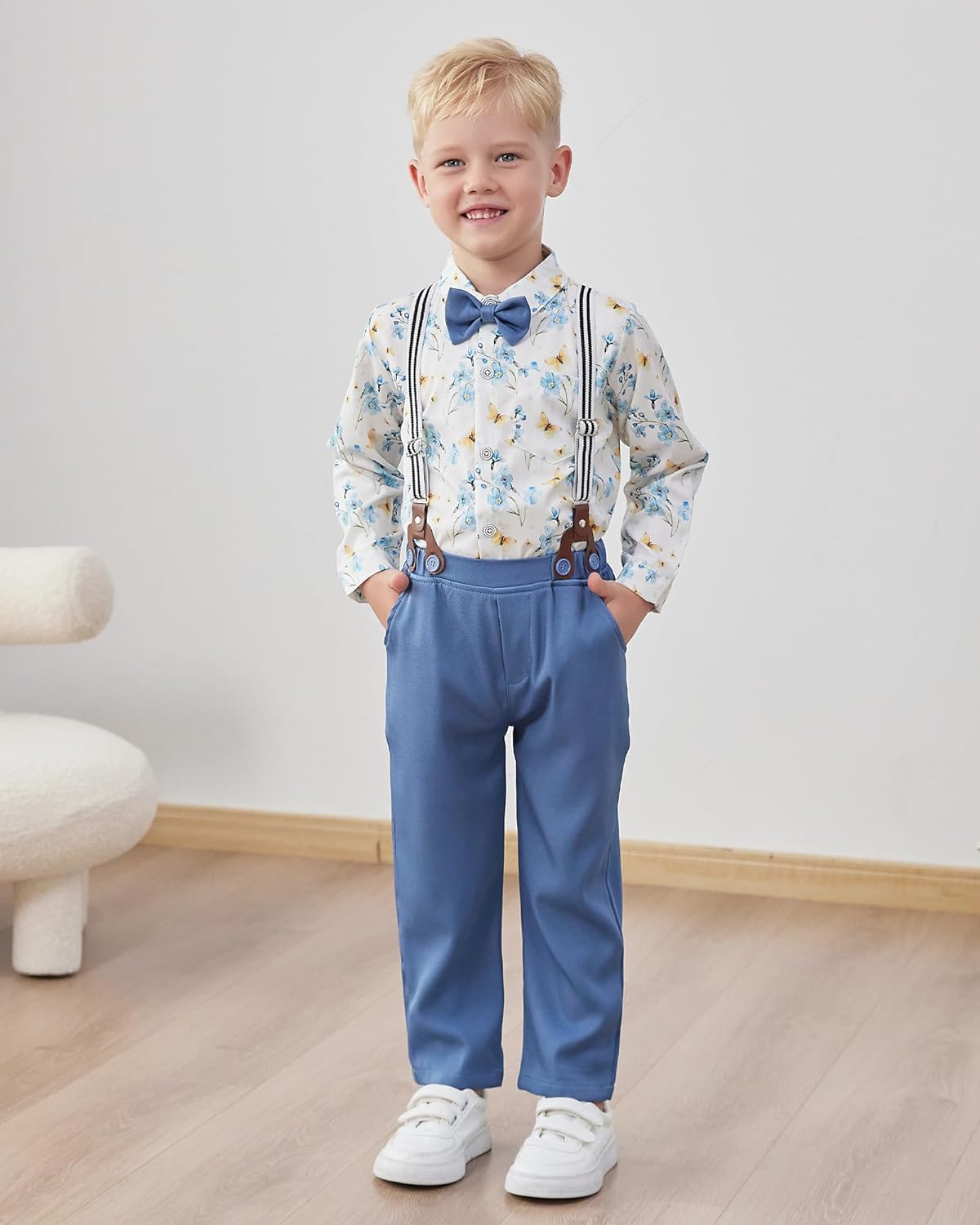 Detalle de WESIDOM Toddler Boy Formal Suit Set: Dress Shirt, Bowtie, Vest, Boutonniere, Suspender Pants