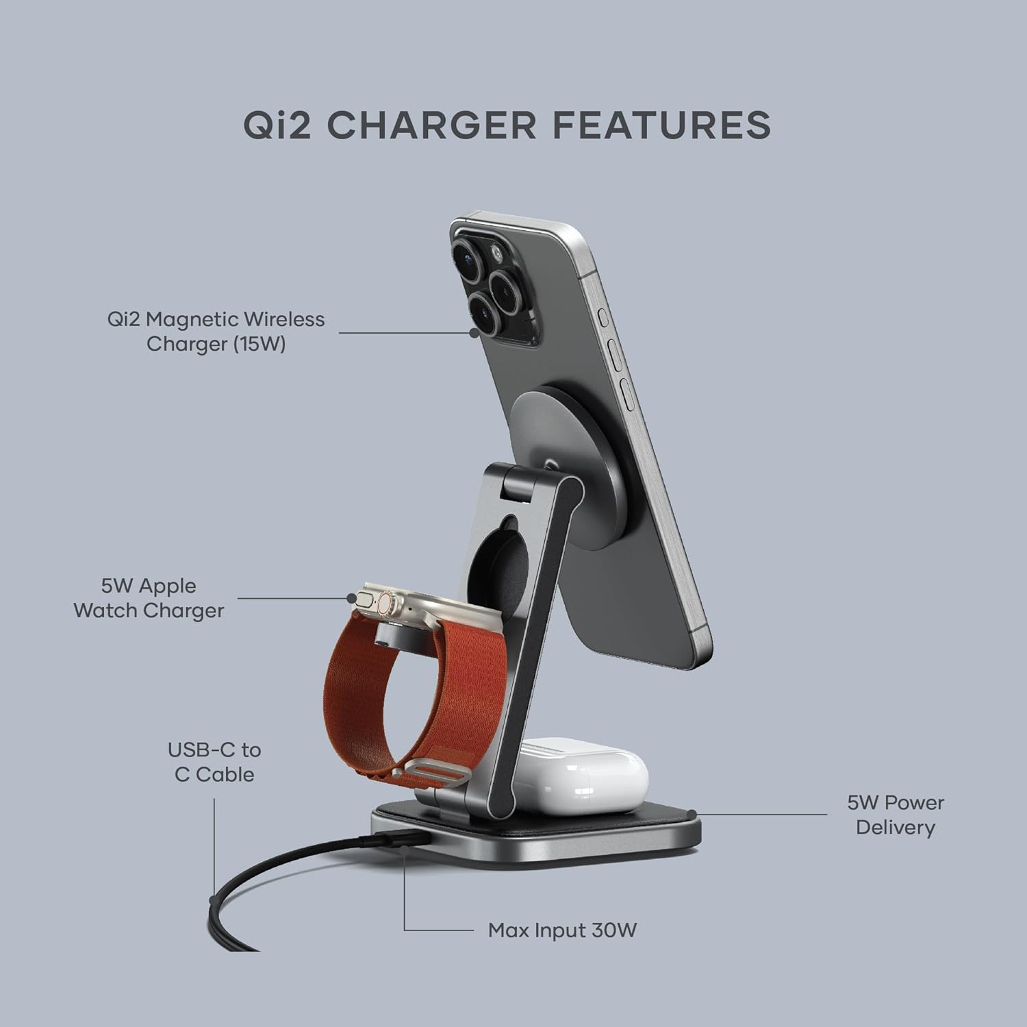 Thumbnail 1 de SATECHI OntheGo™ Chargeur Induction 3 en 1 pliable sans fil magnétique Qi2 (15W) pour iPhone, Apple Watch et AirPods