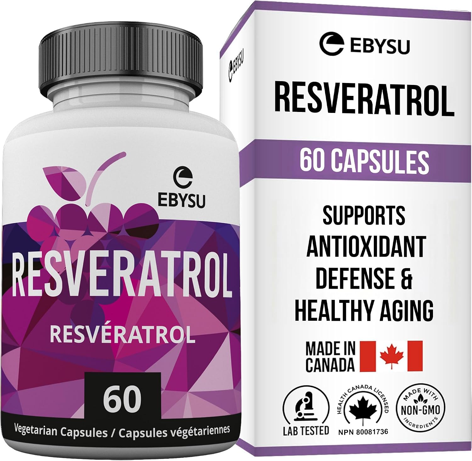 EBYSU Resveratrol Supplement, 60 Vegan Capsules