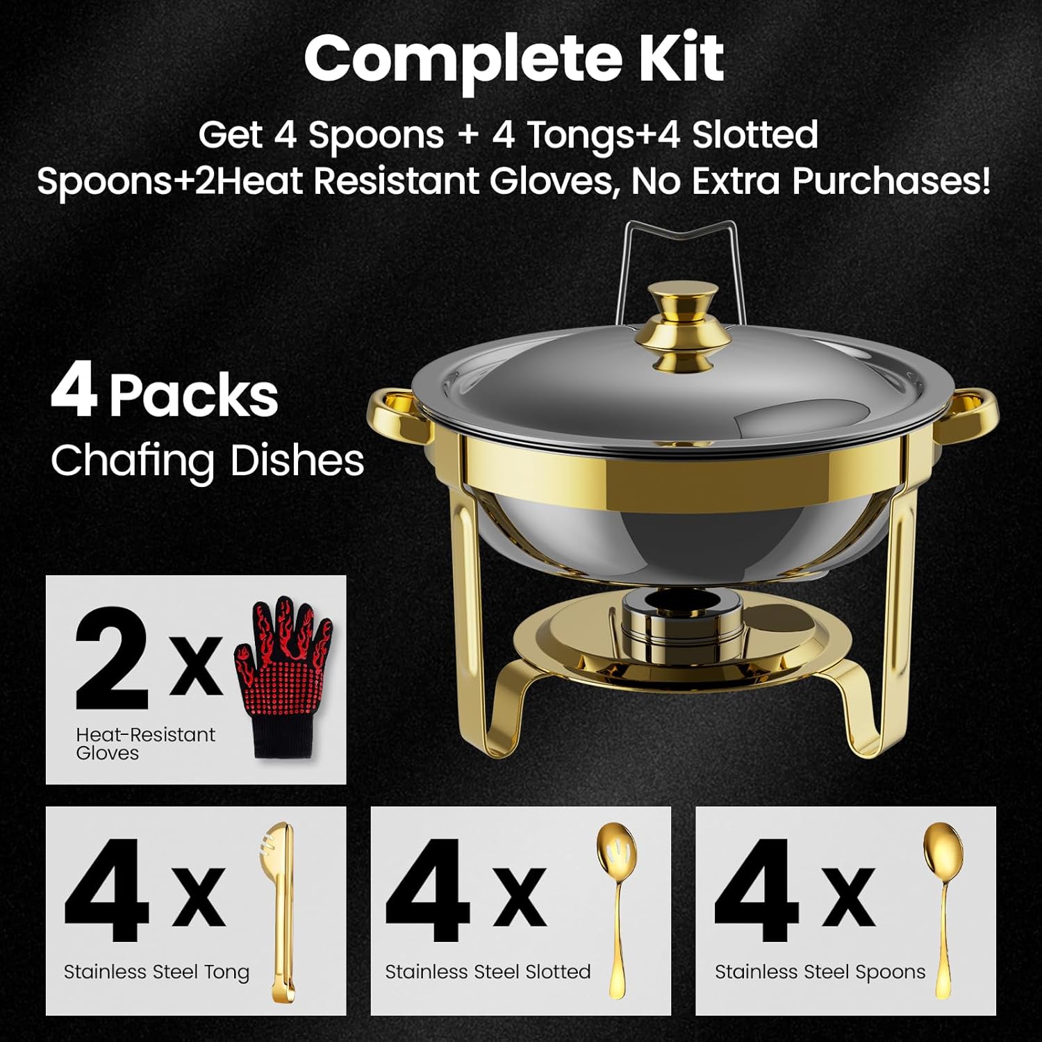 Detalle 2 de Round Chafing Dishes for Buffet 4 Pack (6QT) – Gold Chafer Sets with Gloves, Spoons, Slotted Spoons & Tongs