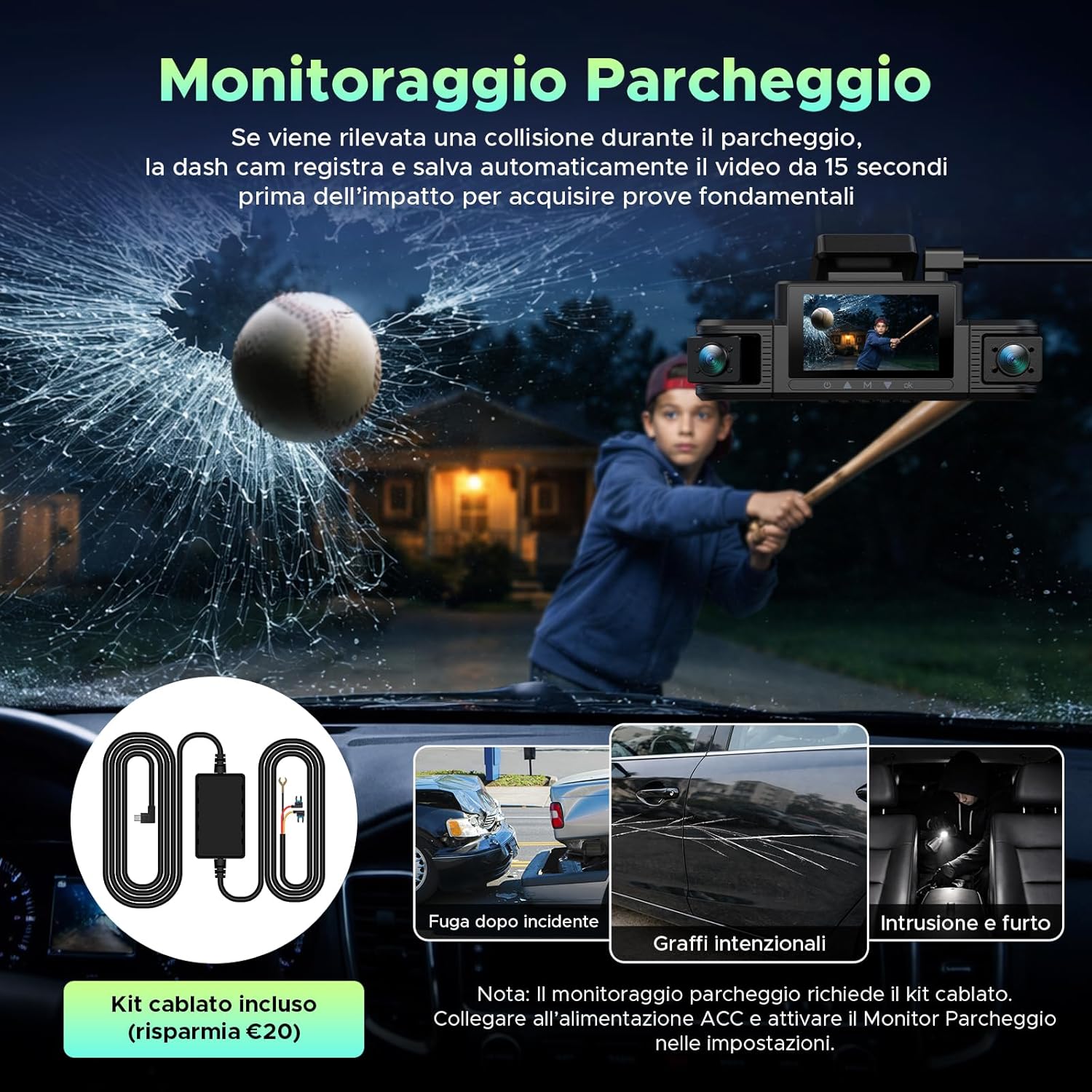 Thumbnail 5 de LAMTTO Dashcam 4 Canali 360° con WiFi 5GHz e kit hardwire: sorveglianza per auto, taxi e parcheggio
