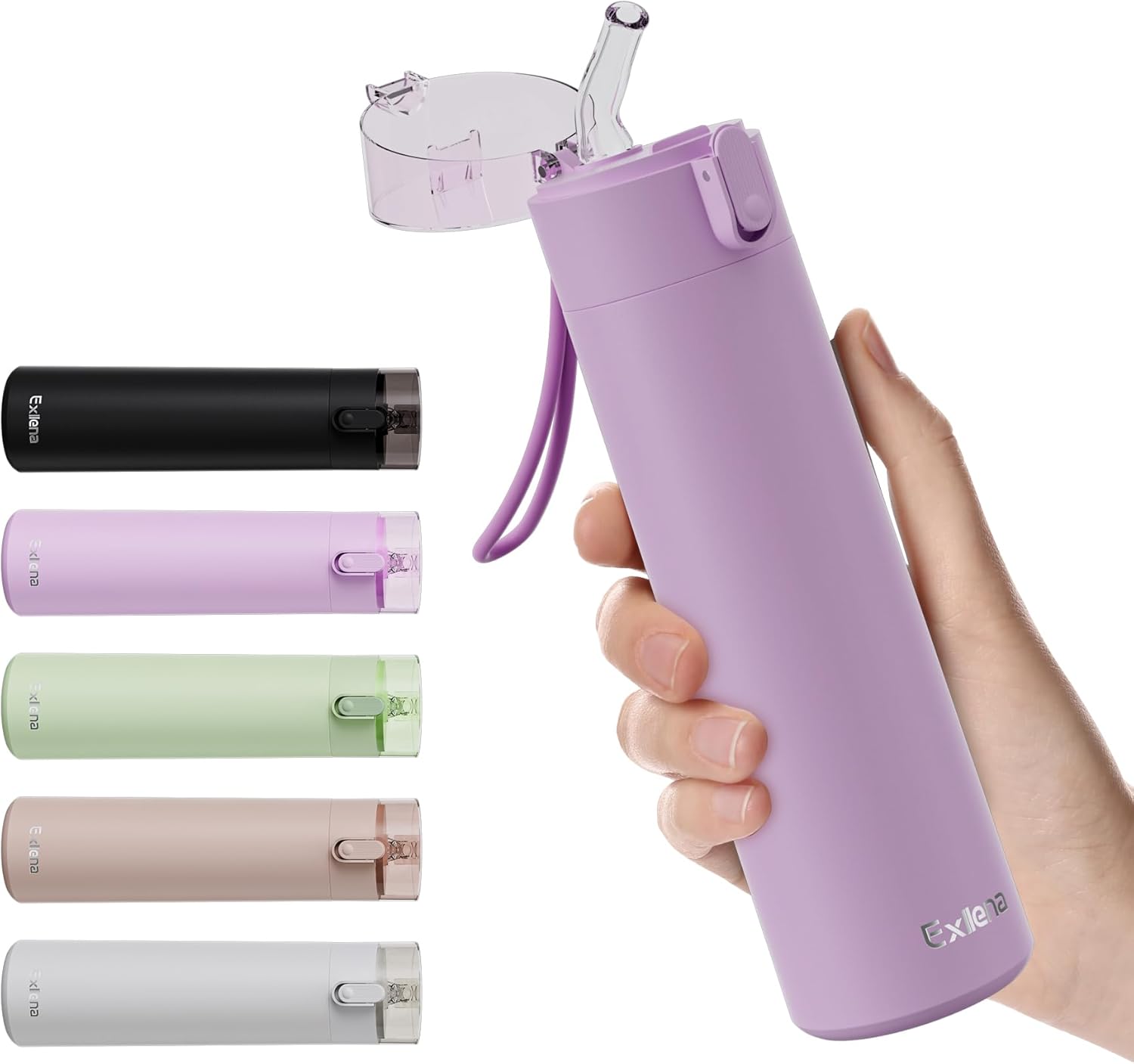 Detalle de Exllena Small Water Bottle 270ml with Straw (Pink) – Leak-Proof 1-Hand Flask