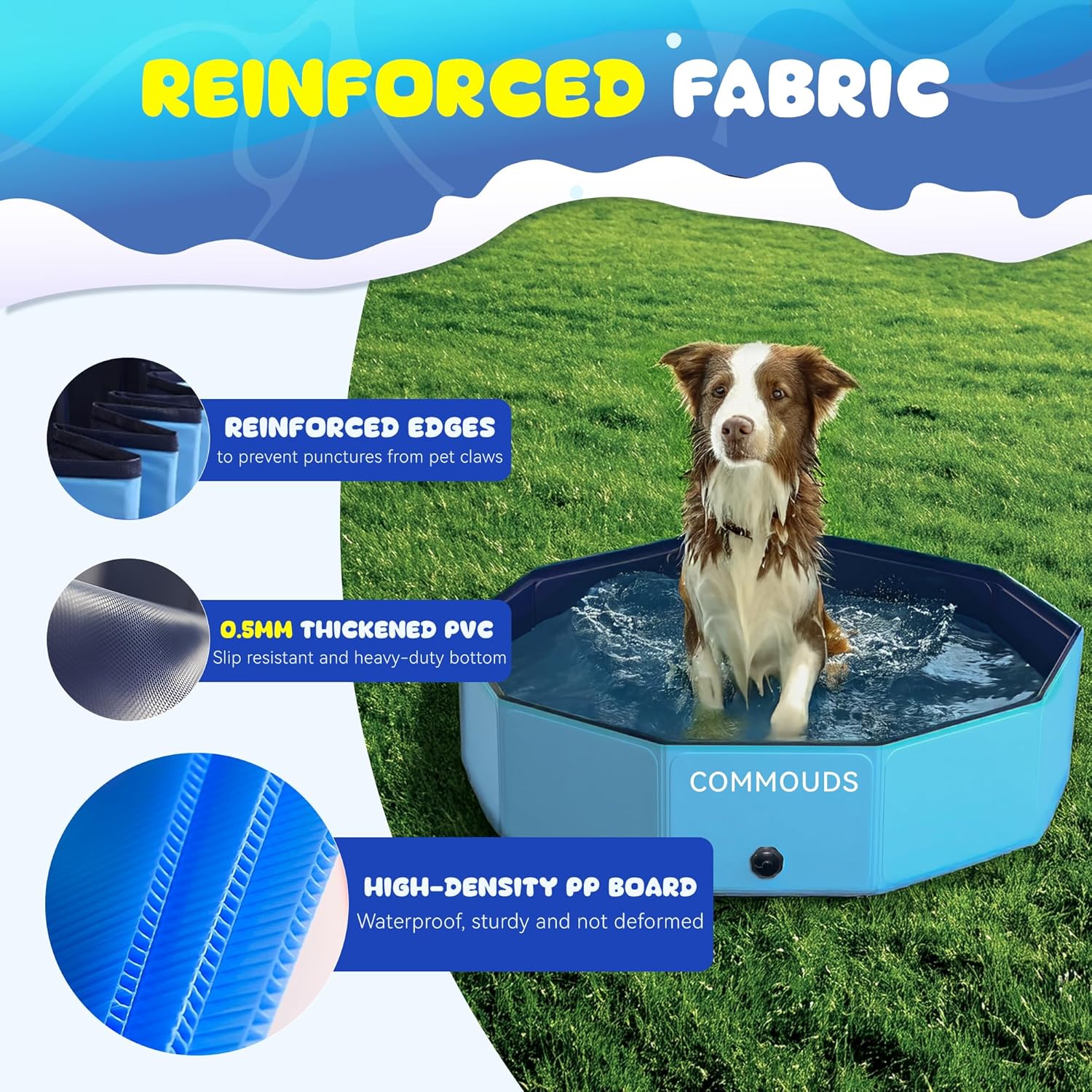Detalle 2 de COMMOUDS Foldable Dog Pool (71-inch x 12-inch) — Collapsible Hard Plastic Pet Kiddie Swimming Pool