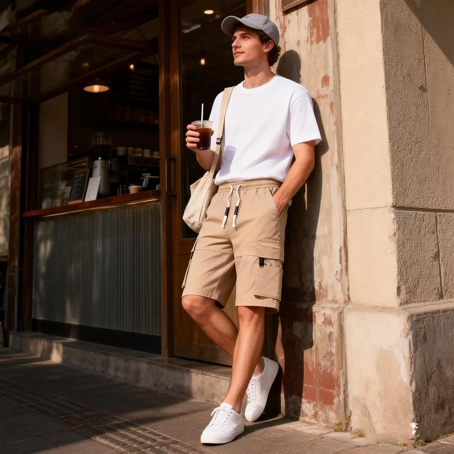 Detalle de PrimeCrest Mens Cargo Shorts: Breathable Cotton with Multi Pockets