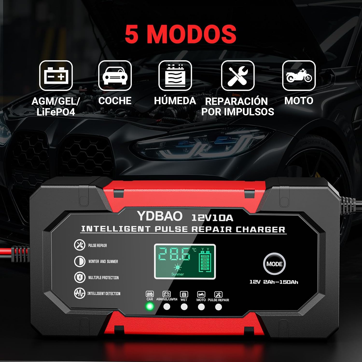 Detalle 2 de YDBAO Cargador baterías 12V 10A