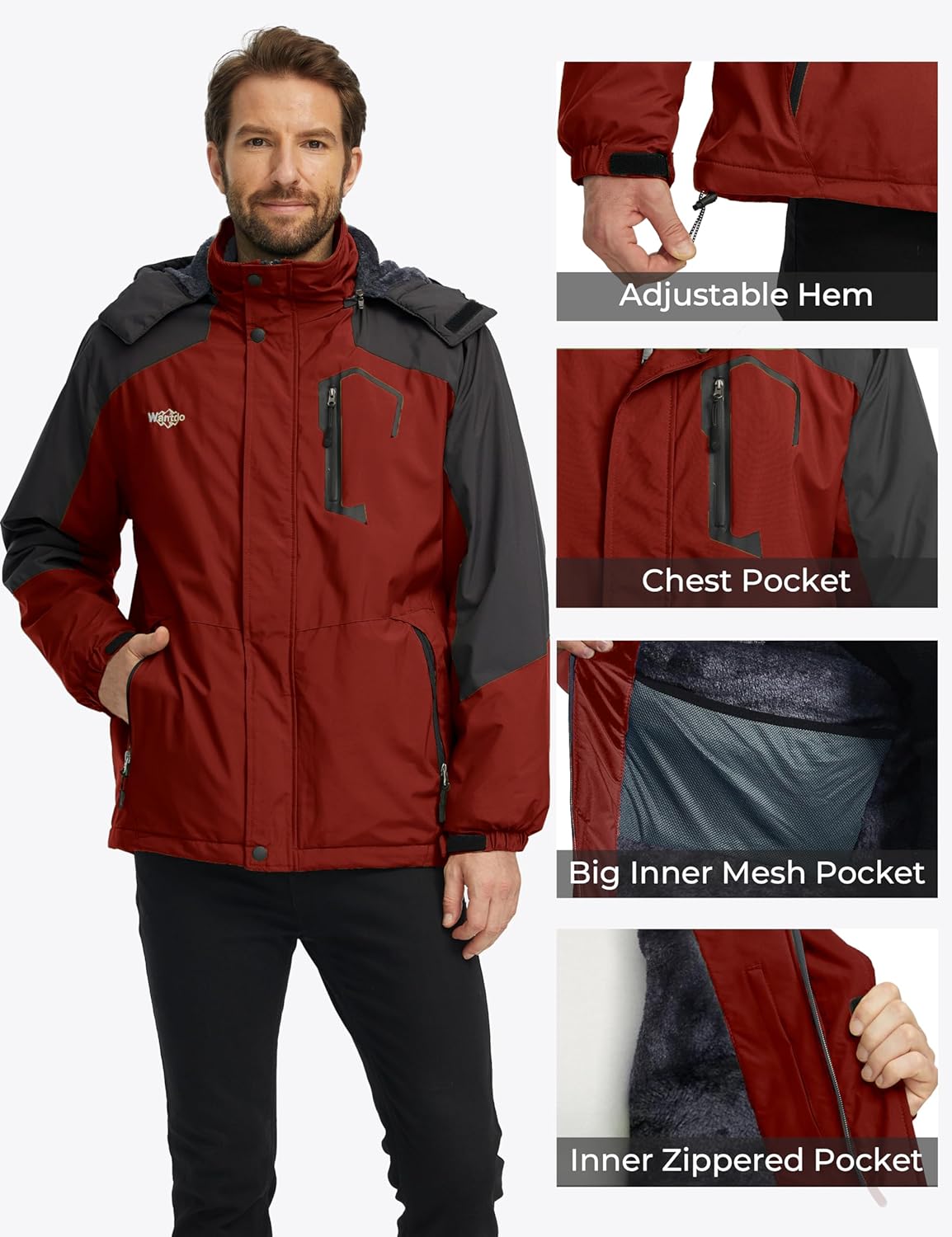 Thumbnail 5 de Wantdo Giacca da sci impermeabile e imbottita con cappuccio impermeabile per montagna e neve