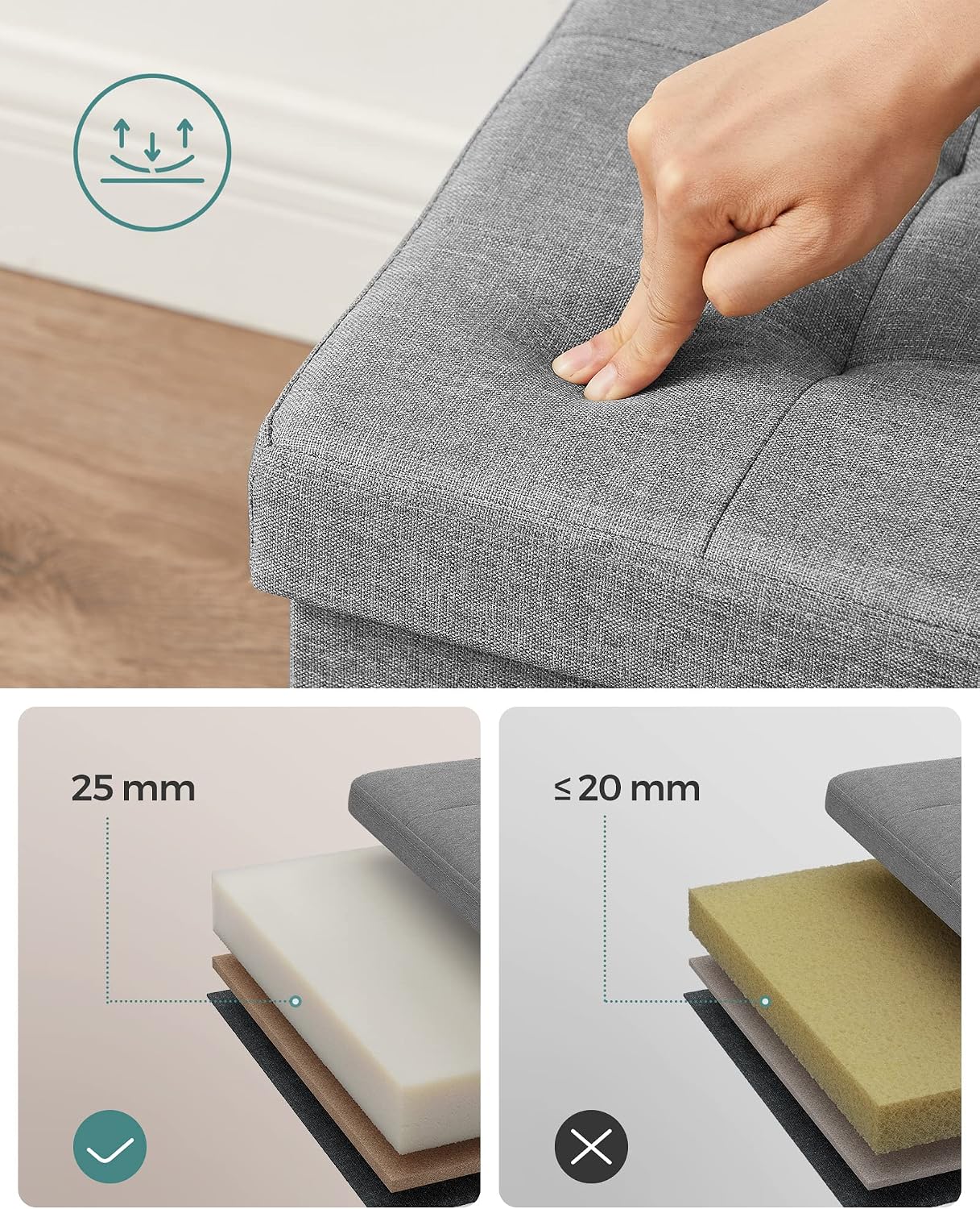 Detalle de SONGMICS MINOTA LSF41G opvouwbare zitbank, 89 liter en tweezijdig klapdeksel