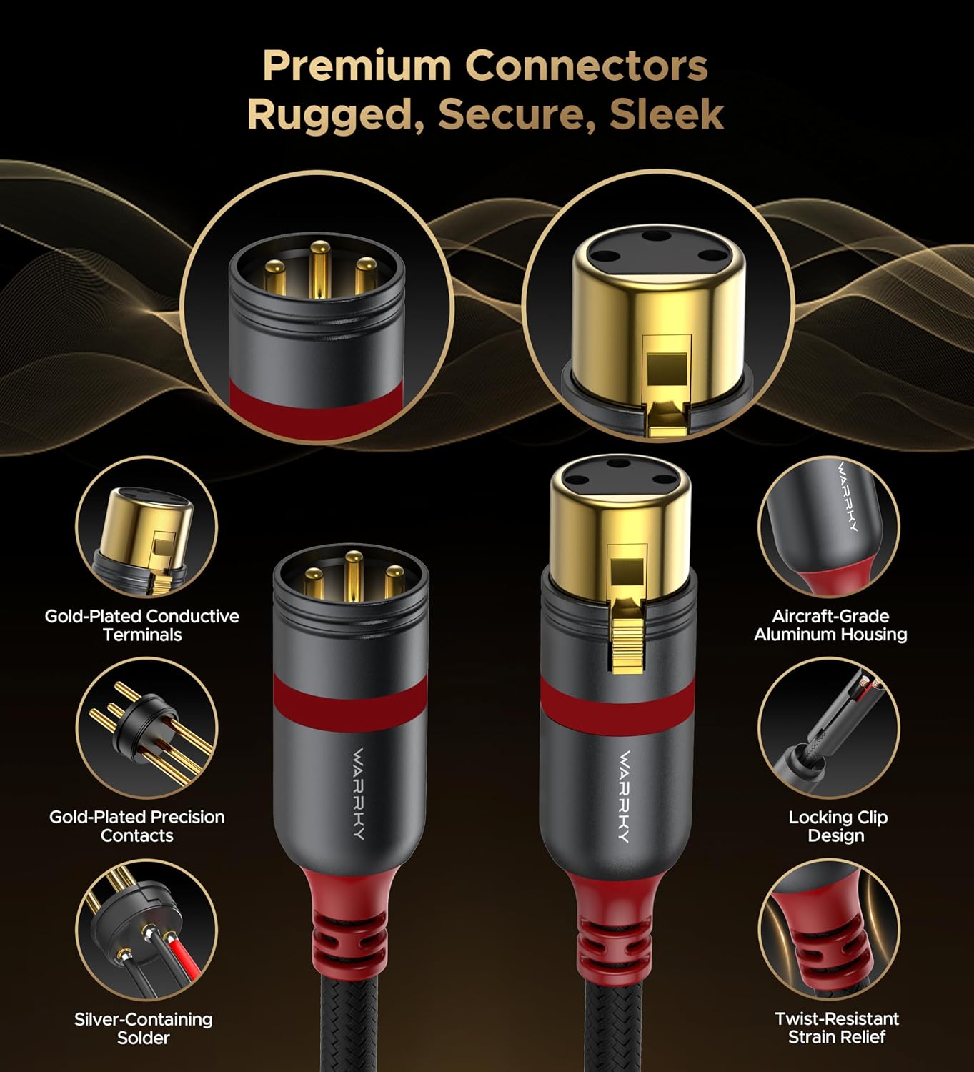 Detalle de Warrky WARRKY-AV-XLR22 XLR Cable 2-Pack, 10 ft, OFC, Gold-Plated