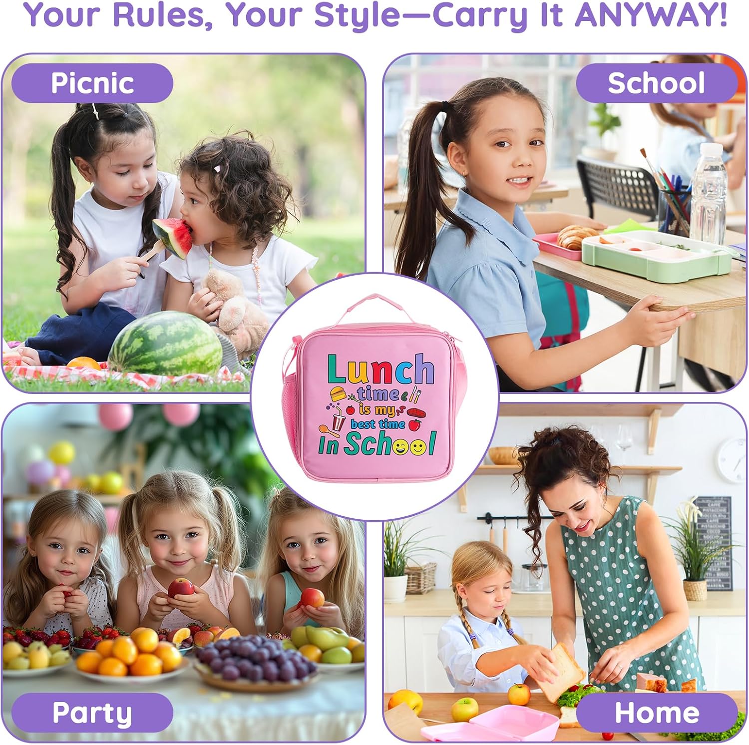 Thumbnail 5 de WAKOSAN Girls Lunch Bag Insulated: Pink Double-Layer Bento Box Carrier for School and Picnics