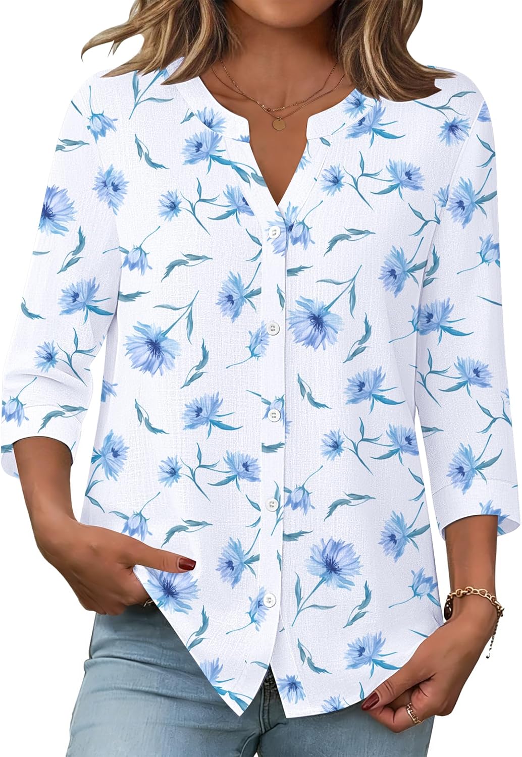 Thumbnail 4 de Zeagoo Button Down Linen-Cotton 3/4 Sleeve Tops for Women