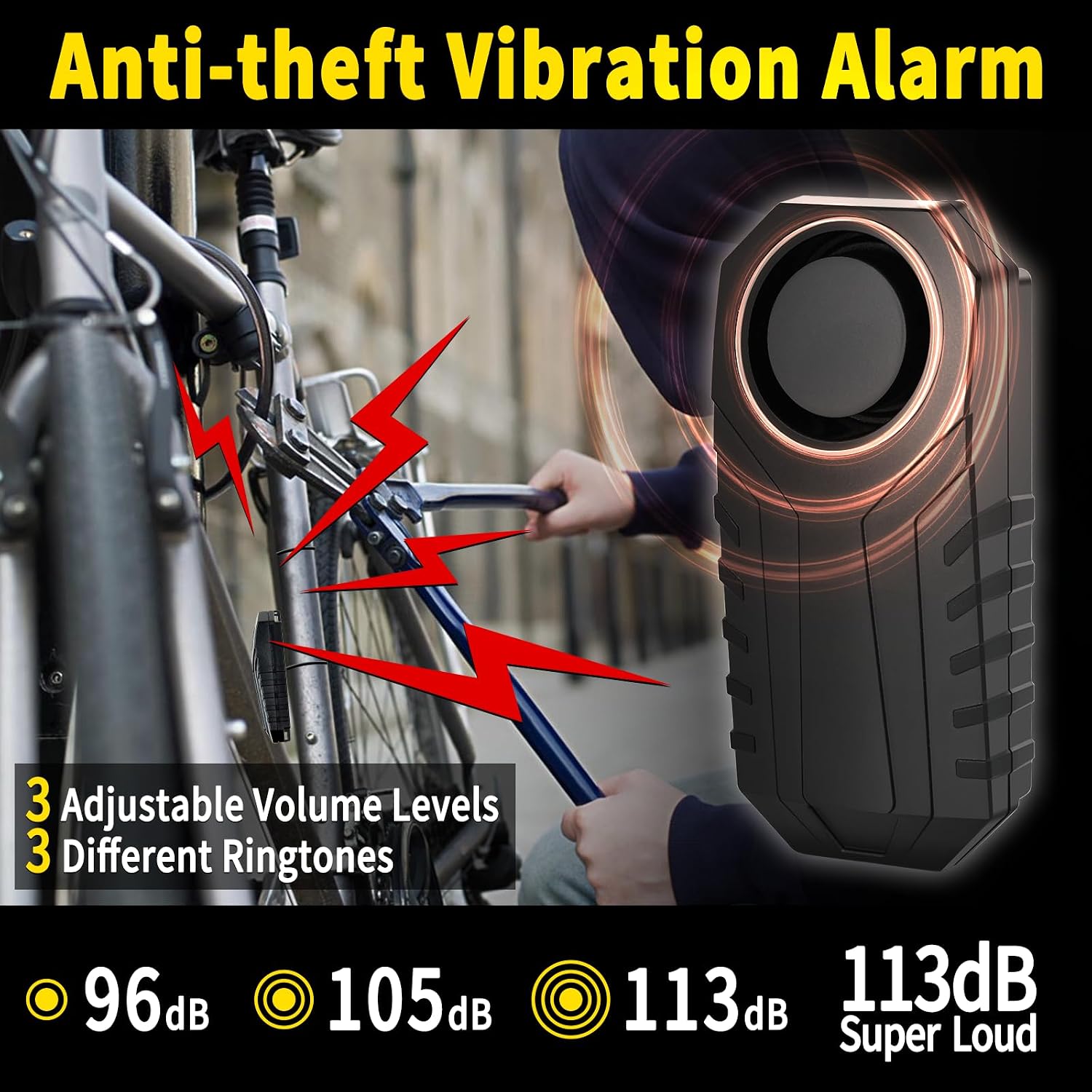 Detalle de NineLeaf Fahrradalarm mit Fernbedienung (bis 113 dB) – kabellose Vibrationserkennung & Anti-Diebstahl-Schutz