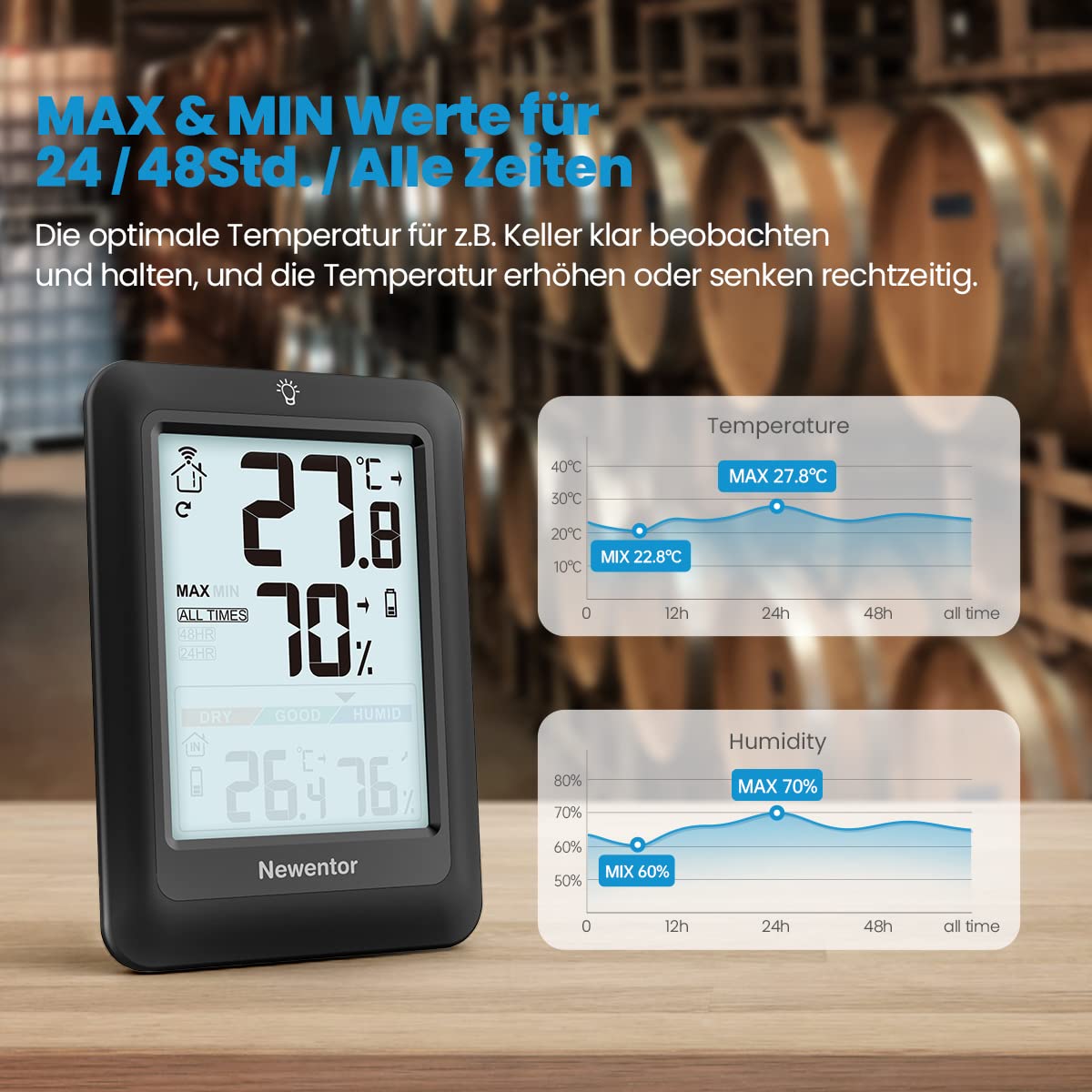 Thumbnail 6 de Newentor MAX MIN Thermometer innen außen – Funk-Wetterstation mit 1 Außensensor, VA-Display