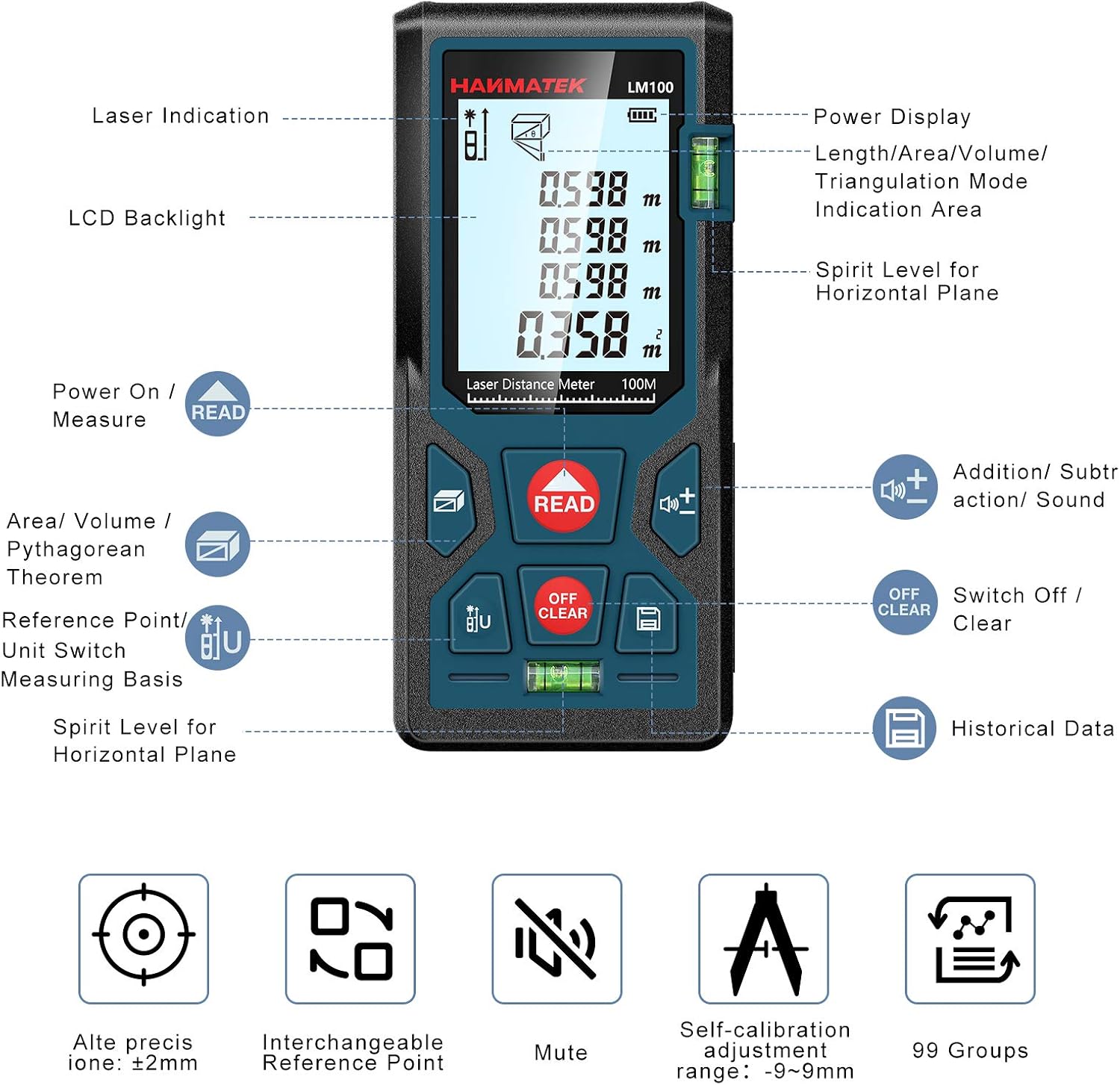 Thumbnail 1 de HANMATEK LM100 Laser Distance Meter: 100m Range, 2 Bubble Levels & Pythagorean Mode