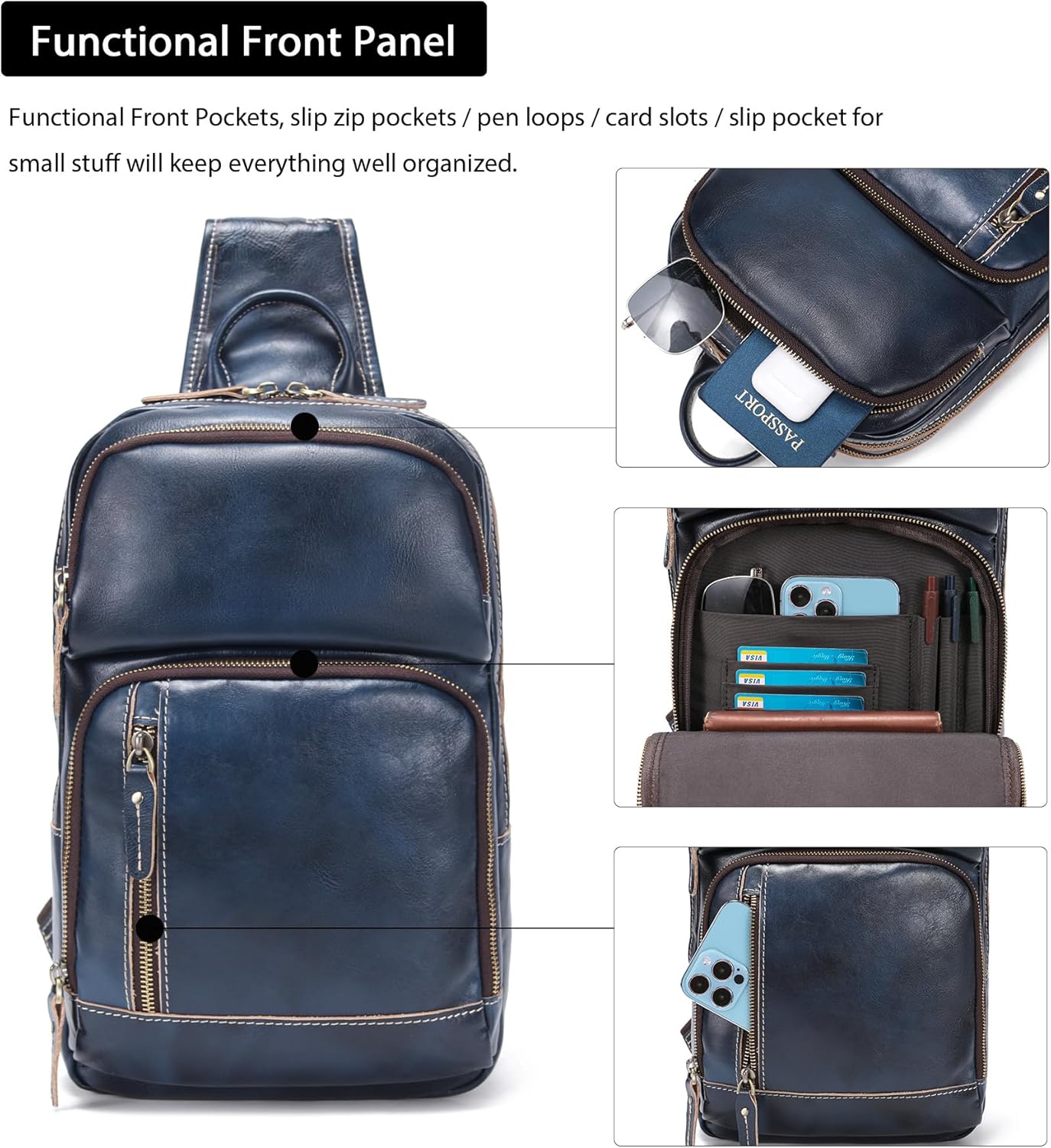 Detalle de LANNSYNE Full Grain Leather Sling Bag for Men – Crossbody Daypack for 12.9" iPad Pro