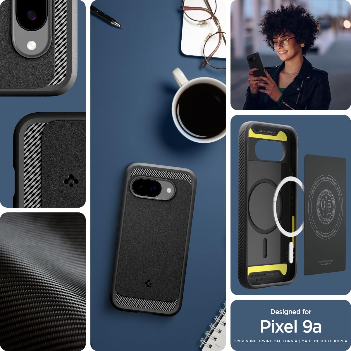 Detalle de Spigen Rugged Armor MagFit per Pixel 9a – cover con magneti integrati, nero opaco