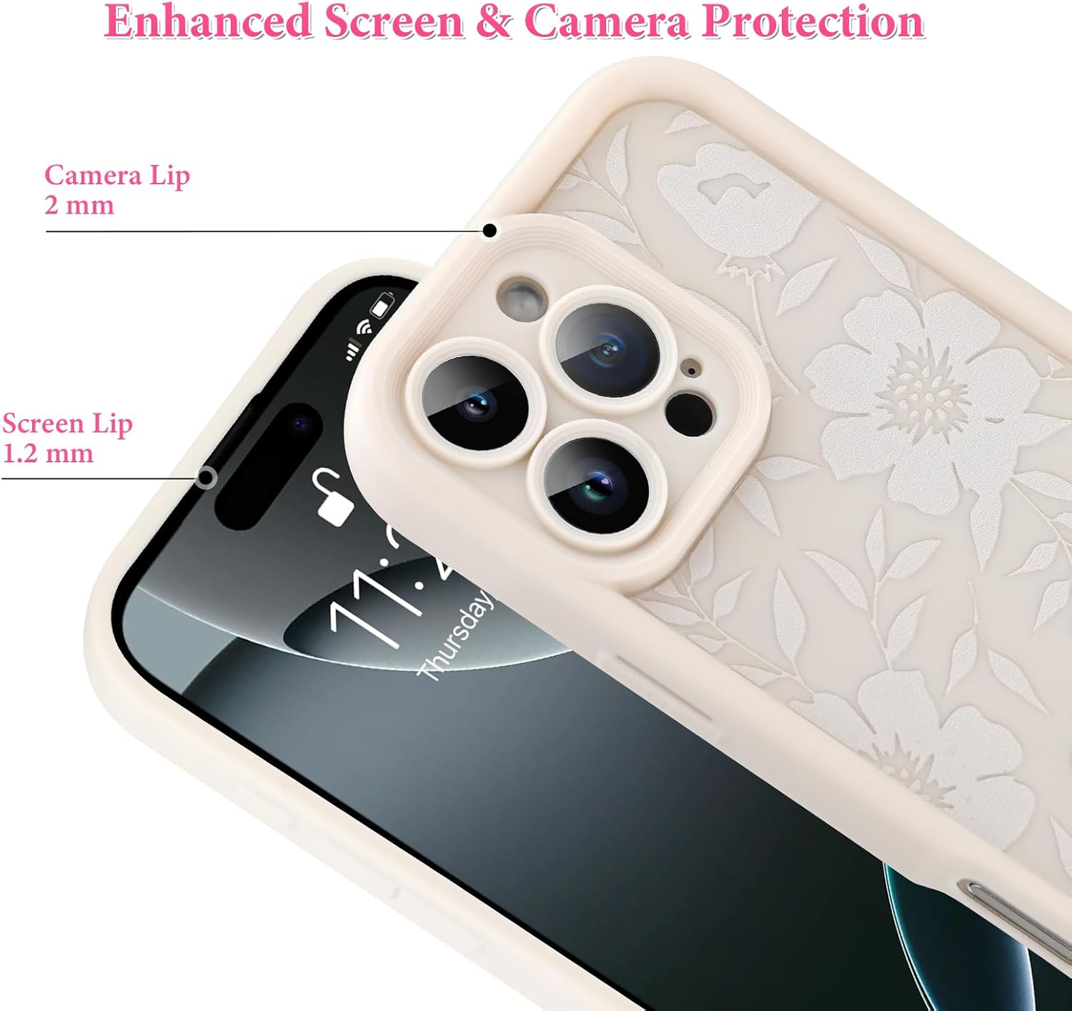Detalle 2 de OOK 64TYK-beigeflower-16pro Floral Silicone Case for iPhone 16 Pro, Beige